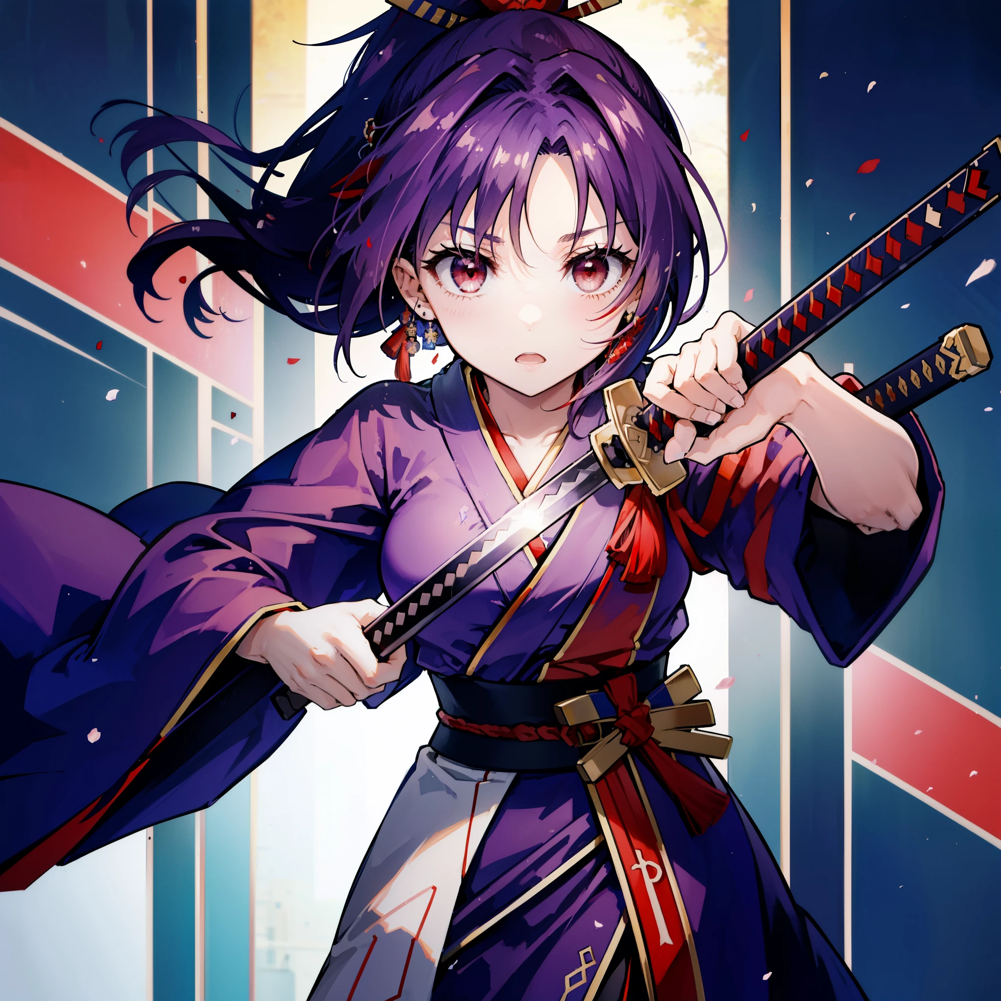 yuukikonno, Yuki Konno, hair band, Long Hair, Pointed Ears,ponytail, Purple Hair, (Red eyes:1.5), (Small breasts:1.2), Open your mouth,Purple Kimono,Red Hakama,boots,Japanese sword,Hold the sword grip in your hand,whole bodyがイラストに入るように,
break looking at viewer, whole body,
break outdoors, Medieval European streets,
break (masterpiece:1.2), highest quality, High resolution, unity 8k wallpaper, (shape:0.8), (Narrow and beautiful eyes:1.6), Highly detailed face, Perfect lighting, Highly detailed CG, (Perfect hands, Perfect Anatomy),