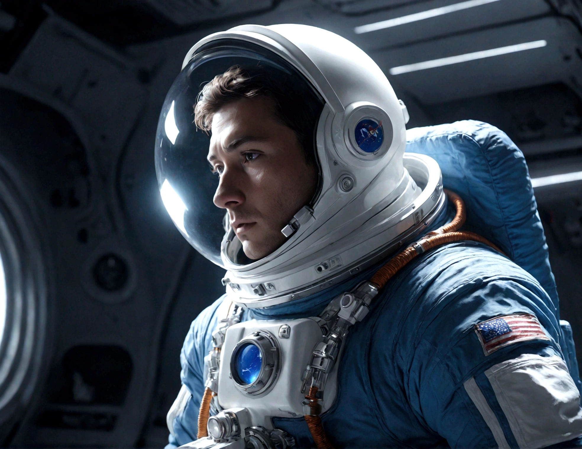 The astronaut is a 30-year-old man.., white and blue metallic clothing, cinematic, picture 촬영, half backlight, back light, dramatic lighting , incandescent light, soft lighting, Incredibly detailed and complex, hyper maximalist, Art, elegant pose, dynamic, picture, volume , very detailed, intricate details, Gwise의 very detailed 걸작, future environment