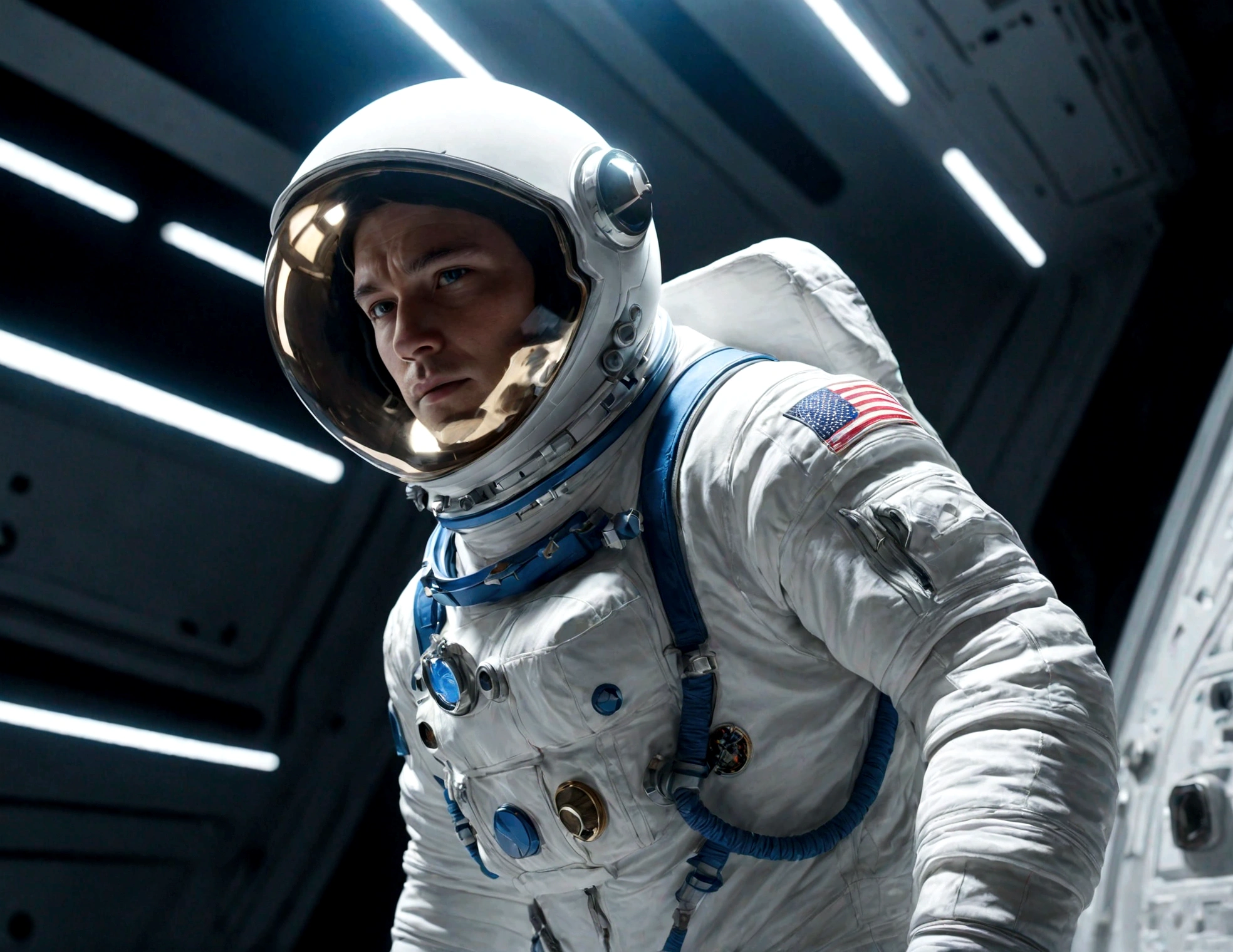 The astronaut is a 30-year-old man.., white and blue metallic clothing, cinematic, picture 촬영, half backlight, back light, dramatic lighting , incandescent light, soft lighting, Incredibly detailed and complex, hyper maximalist, Art, elegant pose, dynamic, picture, volume , very detailed, intricate details, Gwise의 very detailed 걸작, future environment
