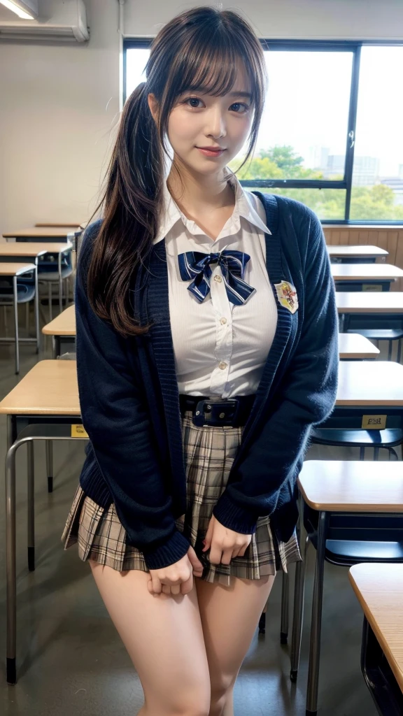 masterpiece, best quality, illustration, Super detailed, fine details, High resolution, 8K,wall paper, perfect dynamic composition,(Details High quality, realistic depiction of eyes:1.3), High School Classroom、High school girl uniform、Cardigan、Super Short Check Uniform Skirt、Navy blue high socks、garterbelts、Colossal tits、Disturbed uniform、low ponytail, black hair color, sexy pose, Big Natural Color Lip, bold sexy pose, (perfect body shape), crying a little、Harajuku style、20 year old girl、cute type, beautiful legs, hposing Gravure Idol, Voluptuous thighs