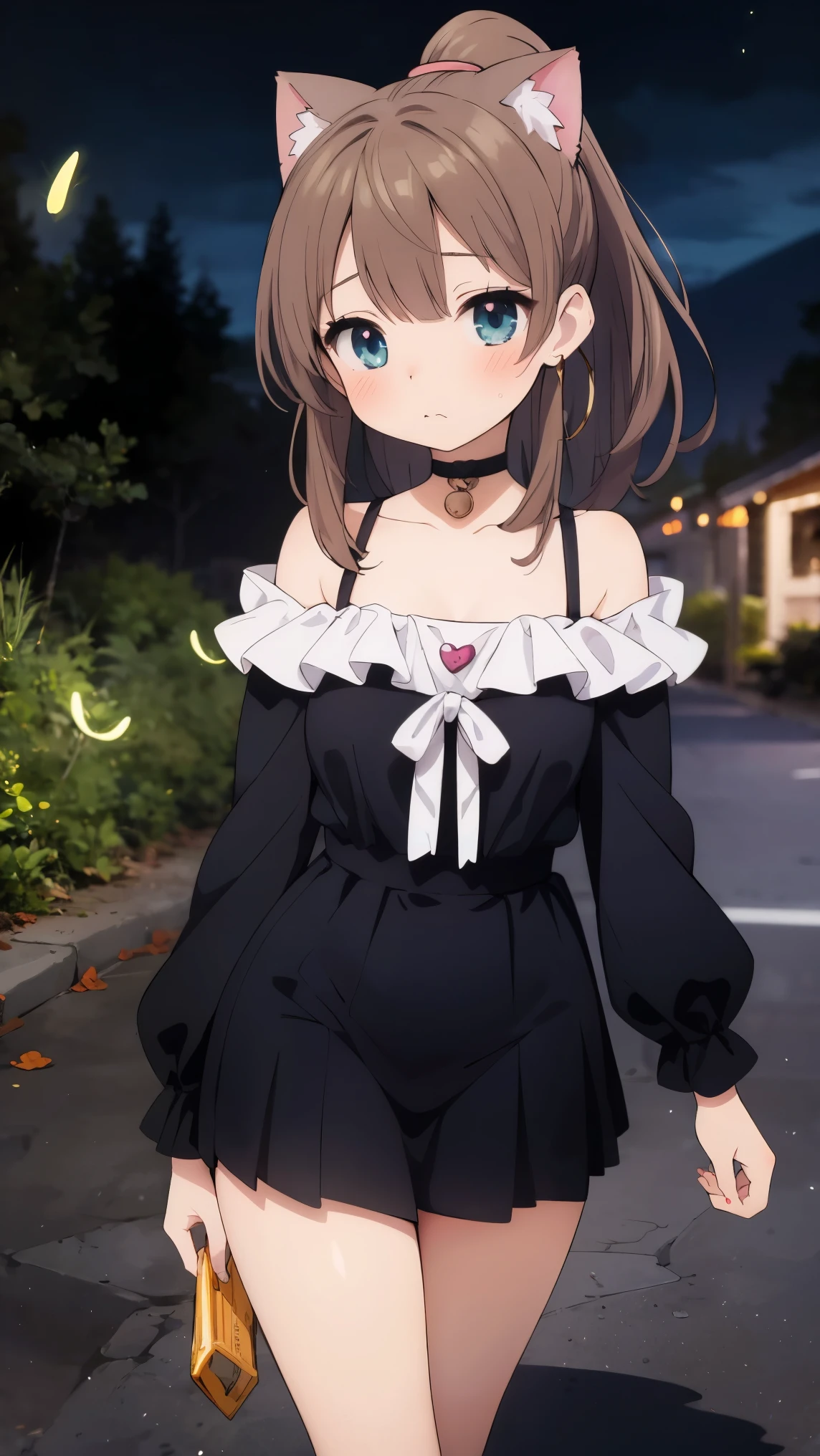 (8k, RAW photo, best quality, masterpiece, highres, absurdres, ultra detailed:1.3), (Photography, realistic, photo-realistic:1.4), (beautiful natural lighting, beautiful deatailed shadow, beautiful detailed glow :1.4), atmospheric,
BREAK 1 beautiful girl,(Cute:1.5),(Chibi:0.5),(kawaii:2),(:2), (17 yl), Very detailed, colourfull, highest details, BREAK, (Huge breasts: 1. 2), Clear skin, Beautiful skin, Shy skin,(Brown hair:1.75), (fluffy Big cat ears, Ponytail, medium-Long hair: 1. 2), (Light blue eyes, long eyelashes, Double eyelids: 1. 2),Solo,gleaming skin, Clear skin, Beautiful skin,(best quality face),(Top quality glowing eyes),(shy,red-faced:1.45),
BREAK //Character
1girl,
BREAK
//Fashions
Sexy Pumpkin Spice Ensemble,
Top, A form-fitting, off-the-shoulder crop top in a deep, burnt orange color, The top features long sleeves with ruffled cuffs and a sweetheart neckline that accentuates the collarbone,
Bottom, High-waisted, black faux leather mini skirt with a lace-up front detail, adding a touch of edginess to the outfit,
Details, The top has a subtle pumpkin spice scent embedded in the fabric for an extra sensory experience, The skirt has a slight sheen, enhancing its seductive appeal,
BREAK
Accessories, A black choker necklace with a small pumpkin charm, gold hoop earrings, and a matching black clutch,
Footwear, Over-the-knee black suede boots with a stiletto heel,
Hair and Makeup, Hair styled in sleek, straight strands or a high ponytail, Makeup is bold, with dramatic winged eyeliner, smoky eyeshadow in earthy tones, and a matte, deep orange lipstick, BREAK,(((fireflies, night, green fireflies, stream, road, ))),white ribbon panties,
BREAK wakame,wakame,wakame,(cowboy shot, from front:1.4), BREAK manga illustration,manga style,