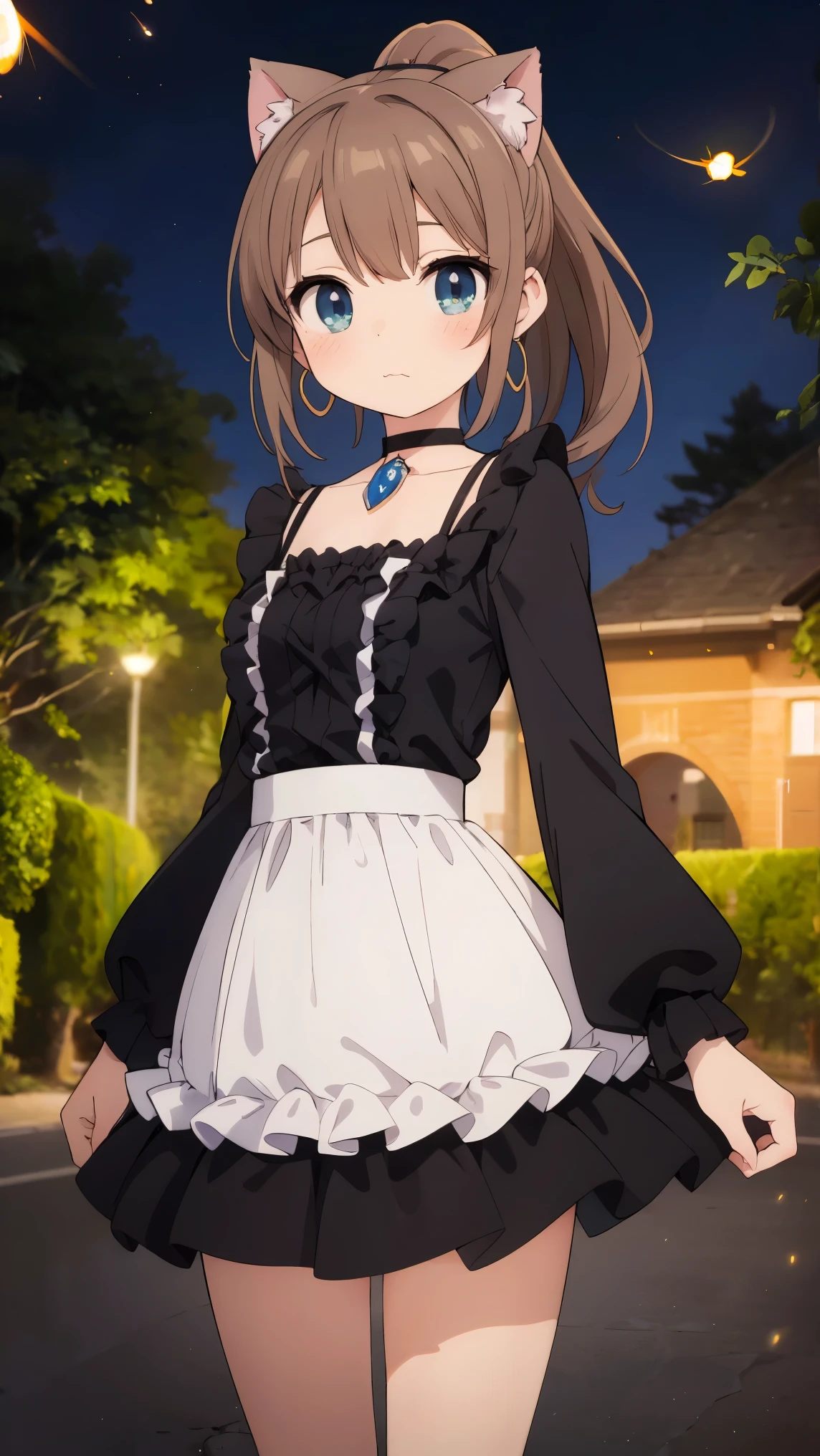 (8k, RAW photo, best quality, masterpiece, highres, absurdres, ultra detailed:1.3), (Photography, realistic, photo-realistic:1.4), (beautiful natural lighting, beautiful deatailed shadow, beautiful detailed glow :1.4), atmospheric,
BREAK 1 beautiful girl,(Cute:1.5),(Chibi:0.5),(kawaii:2),(Loli:2), (17 years old girl), Very detailed, colourfull, highest details, BREAK, (Huge breasts: 1. 2), Clear skin, Beautiful skin, Shy skin,(Brown hair:1.75), (fluffy Big cat ears, Ponytail, medium-Long hair: 1. 2), (Light blue eyes, long eyelashes, Double eyelids: 1. 2),Solo,gleaming skin, Clear skin, Beautiful skin,(best quality face),(Top quality glowing eyes),(shy,red-faced:1.45),
BREAK //Character
1girl,
BREAK
//Fashions
Sexy Pumpkin Spice Ensemble,
Top, A form-fitting, off-the-shoulder crop top in a deep, burnt orange color, The top features long sleeves with ruffled cuffs and a sweetheart neckline that accentuates the collarbone,
Bottom, High-waisted, black faux leather mini skirt with a lace-up front detail, adding a touch of edginess to the outfit,
Details, The top has a subtle pumpkin spice scent embedded in the fabric for an extra sensory experience, The skirt has a slight sheen, enhancing its seductive appeal,
BREAK
Accessories, A black choker necklace with a small pumpkin charm, gold hoop earrings, and a matching black clutch,
Footwear, Over-the-knee black suede boots with a stiletto heel,
Hair and Makeup, Hair styled in sleek, straight strands or a high ponytail, Makeup is bold, with dramatic winged eyeliner, smoky eyeshadow in earthy tones, and a matte, deep orange lipstick, BREAK,(((fireflies, night, green fireflies, stream, road, ))),white ribbon panties,
BREAK wakame,wakame,wakame,(cowboy shot, from front:1.4), BREAK manga illustration,manga style,