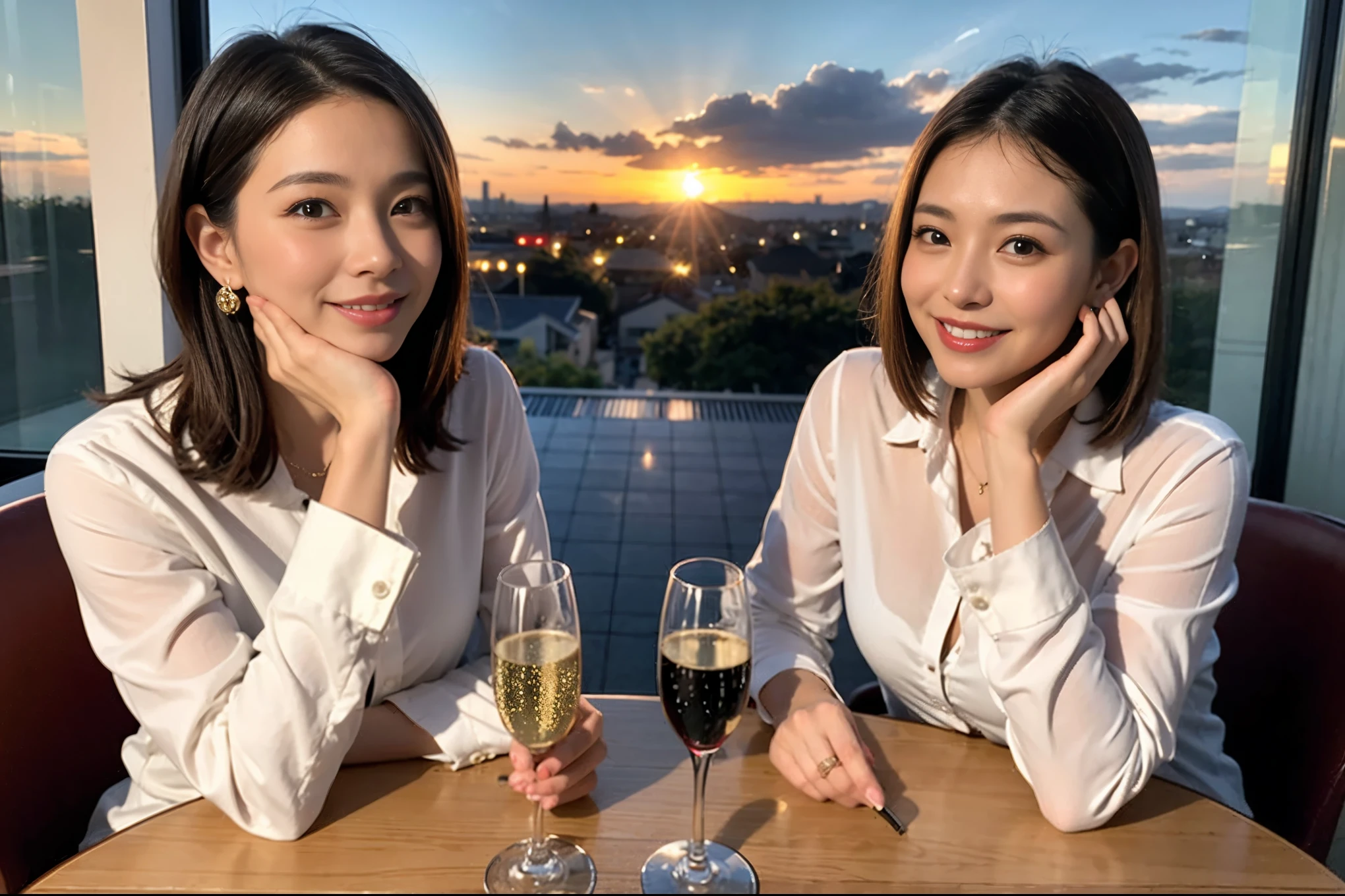 ((highest quality、8k、masterpiece:1.3))、lover、spouse、Beautiful couple、smile、full-course dinner、 (Slim face), (the body is スリム), (Brown Hair), (Short Hair), Wine glasses on the table、Amazing view of the sunset sky and clouds、 (Age 37), 39 years old, Wine bottle、Champagne、sparkling wine、Long sleeve shirt、dress、White wine, red wine,