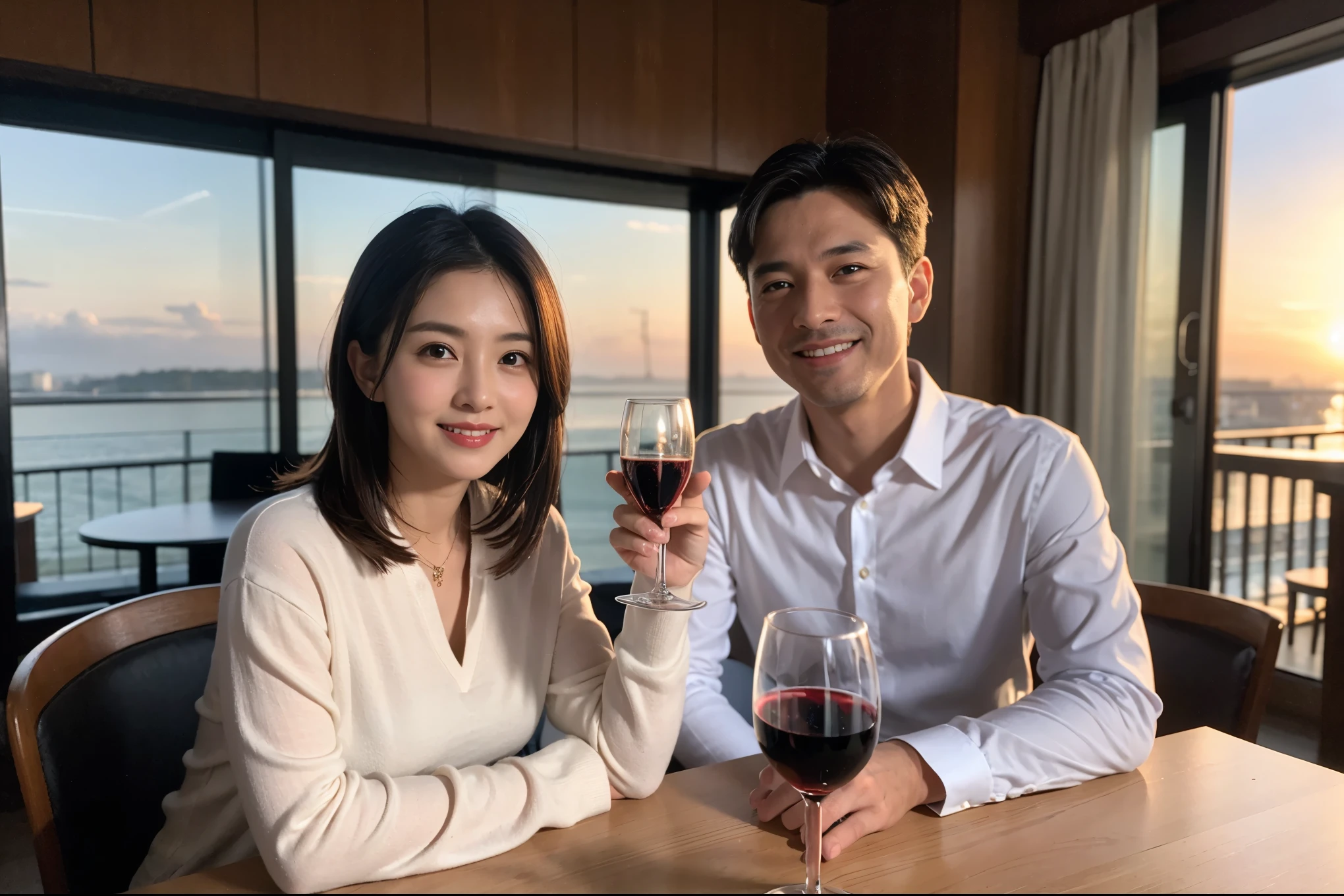 ((highest quality、8k、masterpiece:1.3))、lover、spouse、Beautiful couple、smile、full-course dinner、 (Slim face), (the body is スリム), (Brown Hair), (Short Hair), Wine glasses on the table、Amazing view of the sunset sky and clouds、 (Age 37), 39 years old, Wine bottle、Champagne、sparkling wine、Long sleeve shirt、dress、White wine, red wine,