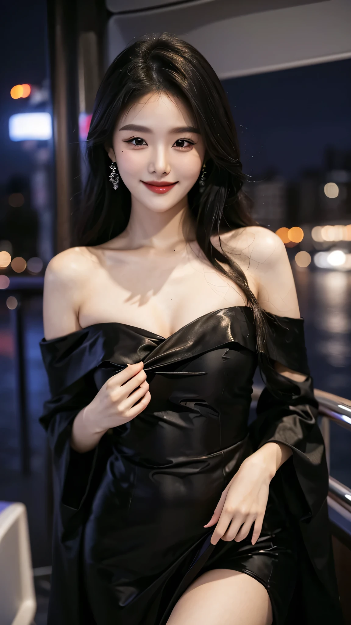 A sweet girl by the yatch,voluminous hair,Delicate face,Photorealsitic,of a real,largeaperture,wears a black dress,A cropped dress,Off-the-shoulder,A dress around the neck,Slim,smiles,Ultra-high resolution, Blurred background