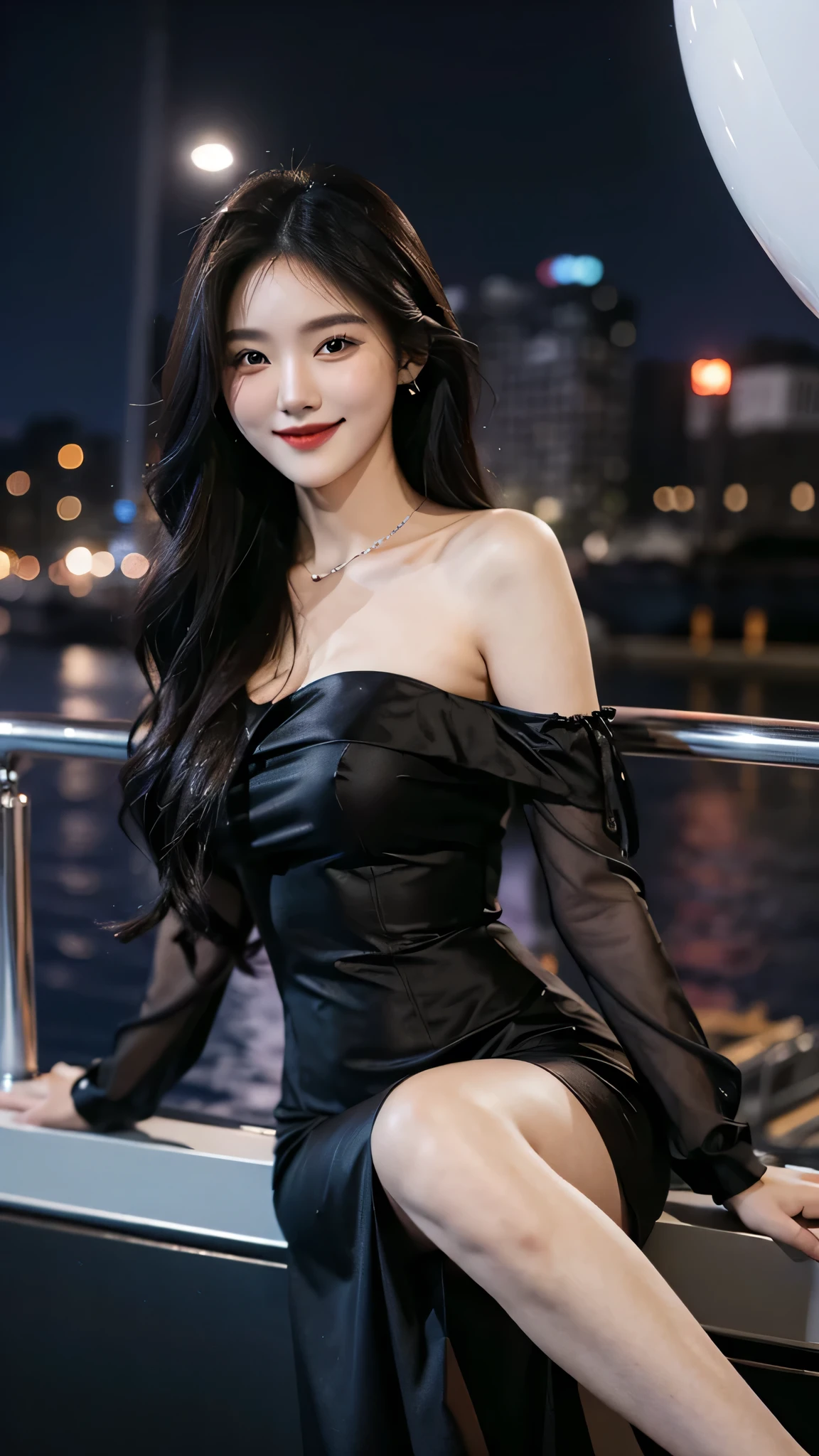 A sweet girl by the yatch,voluminous hair,Delicate face,Photorealsitic,of a real,largeaperture,wears a black dress,A cropped dress,Off-the-shoulder,A dress around the neck,Slim,smiles,Ultra-high resolution, Blurred background