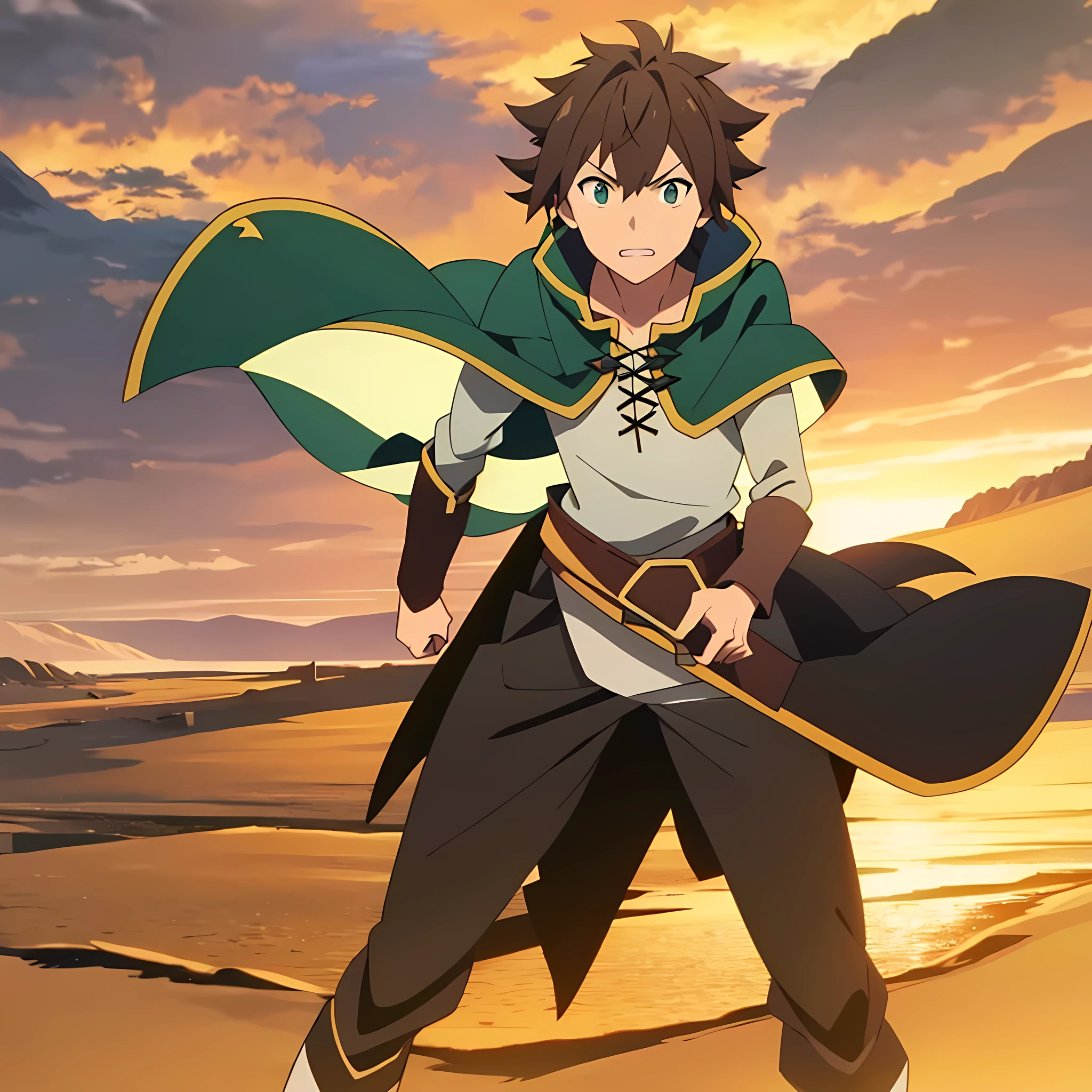 Male, Brown Hair, Green Jacket, White shirt, Leather Cloak, sand but very strong wind, desert background, Anime Styles, HD, Anime, Illustration art, boy