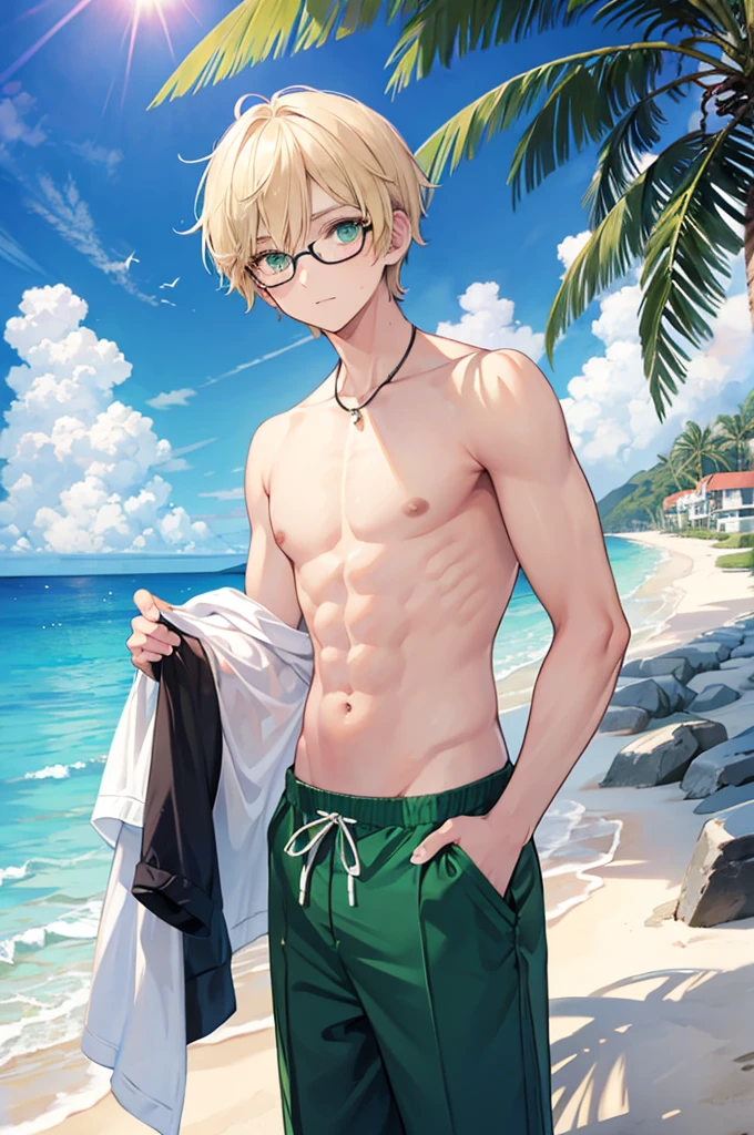 Blonde　Short Hair　Brown and green eyes　Odd Eye　Black-rimmed glasses　Handsome　male　Trousers swimsuit　blue sea　White sand beach　Light of the sun　