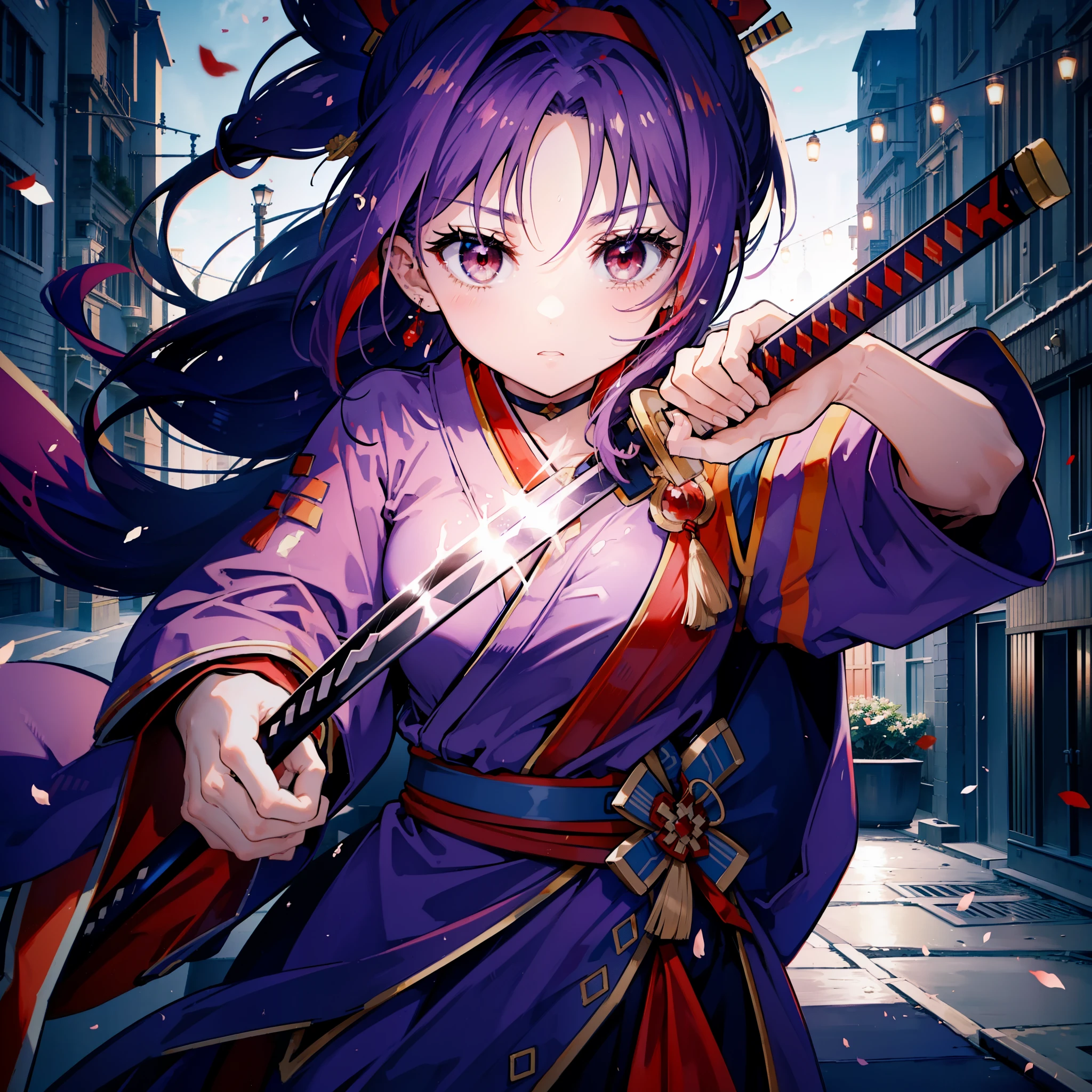 yuukikonno, Yuki Konno, hair band, Long Hair, Pointed Ears,ponytail, Purple Hair, (Red eyes:1.5), (Small breasts:1.2), Open your mouth,Purple Kimono,Red Hakama,boots,Japanese sword,Hold the sword grip in your hand,whole bodyがイラストに入るように,
break looking at viewer, whole body,
break outdoors, Medieval European streets,
break (masterpiece:1.2), highest quality, High resolution, unity 8k wallpaper, (shape:0.8), (Narrow and beautiful eyes:1.6), Highly detailed face, Perfect lighting, Highly detailed CG, (Perfect hands, Perfect Anatomy),