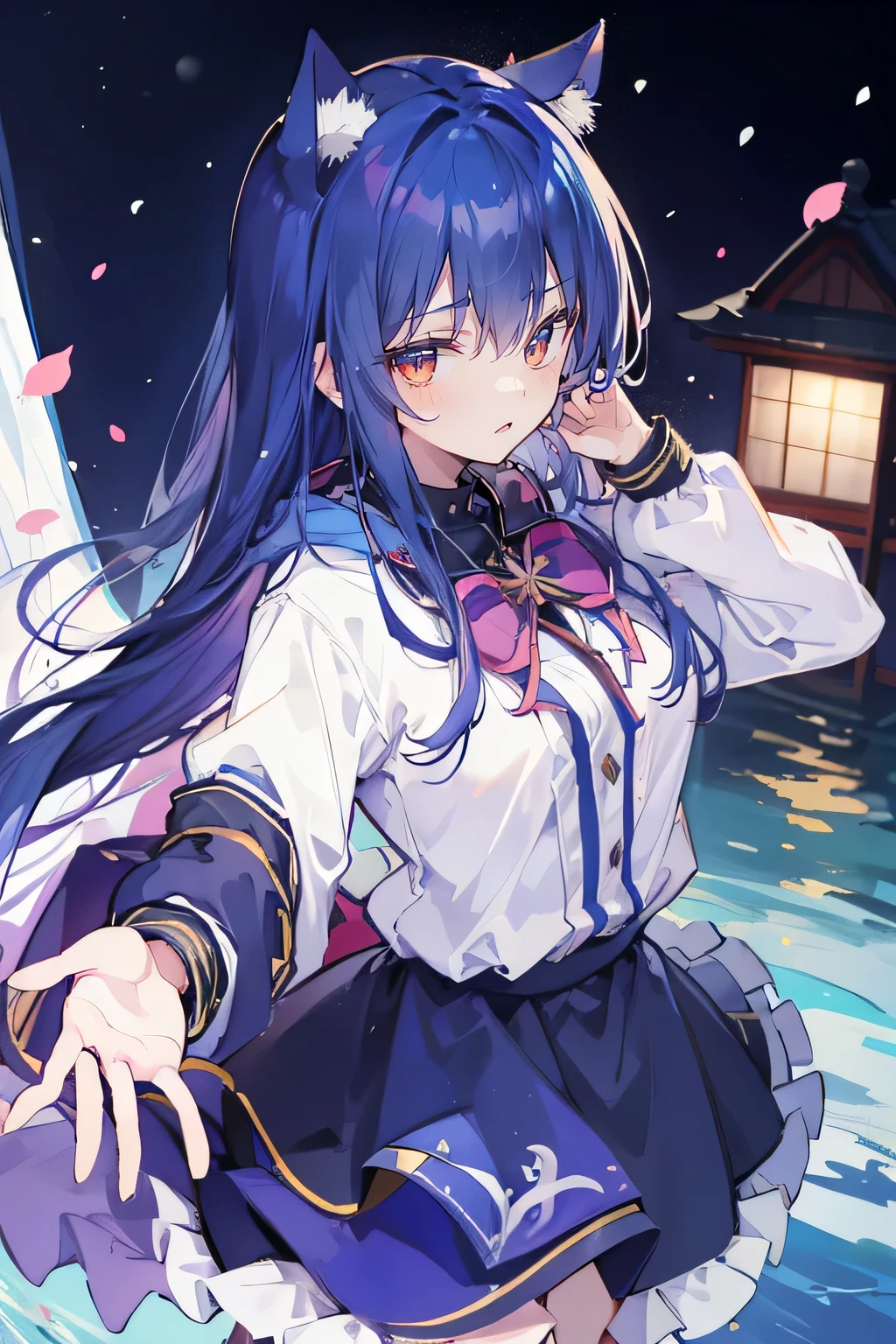 （masterpiece：1.2），Super detailed，lifelike，Expressive eyes，fair skin，perfect face shape，1 girl，
Japanese comics,Gorgeous blue hair,flowing blue hair,flowing clothes,Cat ears,Petals fall,beautiful lola,Baby Angel,
Shaking head with one hand，Cross your legs，Gentle and peaceful background，The pavilion is cool and comfortable,smile, wearing hoodie, background of tokyo,back views,snowing, winter,lie on the water.(Best Quality: 1.3), (Masterpiece: 1.3), (Illustration: 1.3), (Ultra Detailed: 1.3), (Imide Lens: 0.9), 1girl, Medium Breasts, Purple Eyes, ((Dark Blue Hair) ), hair accessories, young, clothing-gladiia, long hair, dark blue hair, indoors, black shorts, high socks, low ponytail, expressionless, upper body, close-up, coat, skirt,