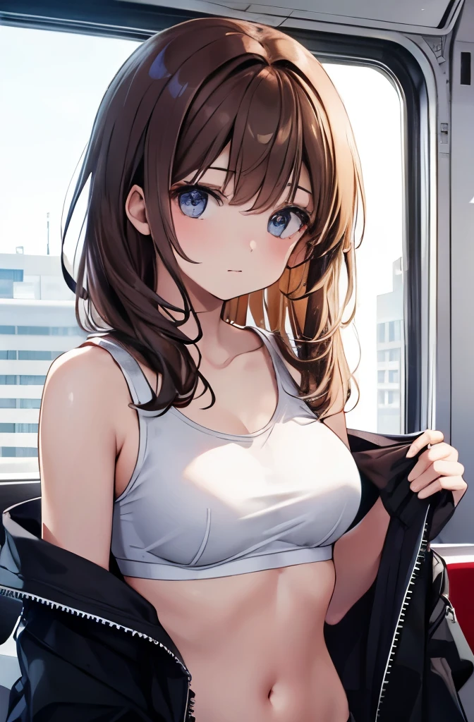 Highest quality,8k,Brown hair long,17 years old,As she takes off her shirt, her bra is visible