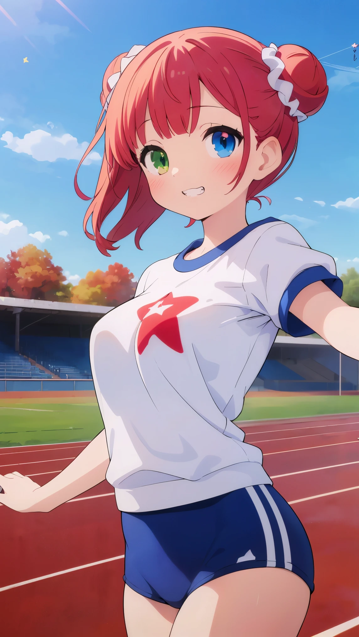 (8k, RAW photo, best quality, masterpiece, highres, absurdres, ultra detailed:1.3), (Photography, realistic, photo-realistic:1.4), (beautiful natural lighting, beautiful deatailed shadow, beautiful detailed glow :1.4), atmospheric,
BREAK,1 Beautiful 7 Year Old Girl,Solo,(kawaii:2),(Chibi:0.8),(Cute 1.5),(Lori:2),(Red hair, short-hair,2 hair buns,Blunt bangs:1.4),BREAK,(Heterochromia,blue eyes,green eyes, Eye Highlights,The first hyperfine stars:1.8),star eye silhouette,(long eyelashes, Double eyelids:1.2),gleaming skin, Clear skin, Beautiful skin,(best quality face),(Top quality glowing eyes), (grin,blush:1.45),
BREAK
(gym clothes,white t-shirt,sports shorts:1.2), Cotton t-shirt, (bouncing breasts,unaligned breasts:1.4), BREAK ,(running,track,school yard,Athletic field,Banner of all nations,clear blue sky,autumn,natural light natural sunlight,motion blur,motion lines,dynamic angle:1.4),
BREAK wakame,wakame,wakame,(cowboy shot, from front:1.4), BREAK manga illustration,manga style,