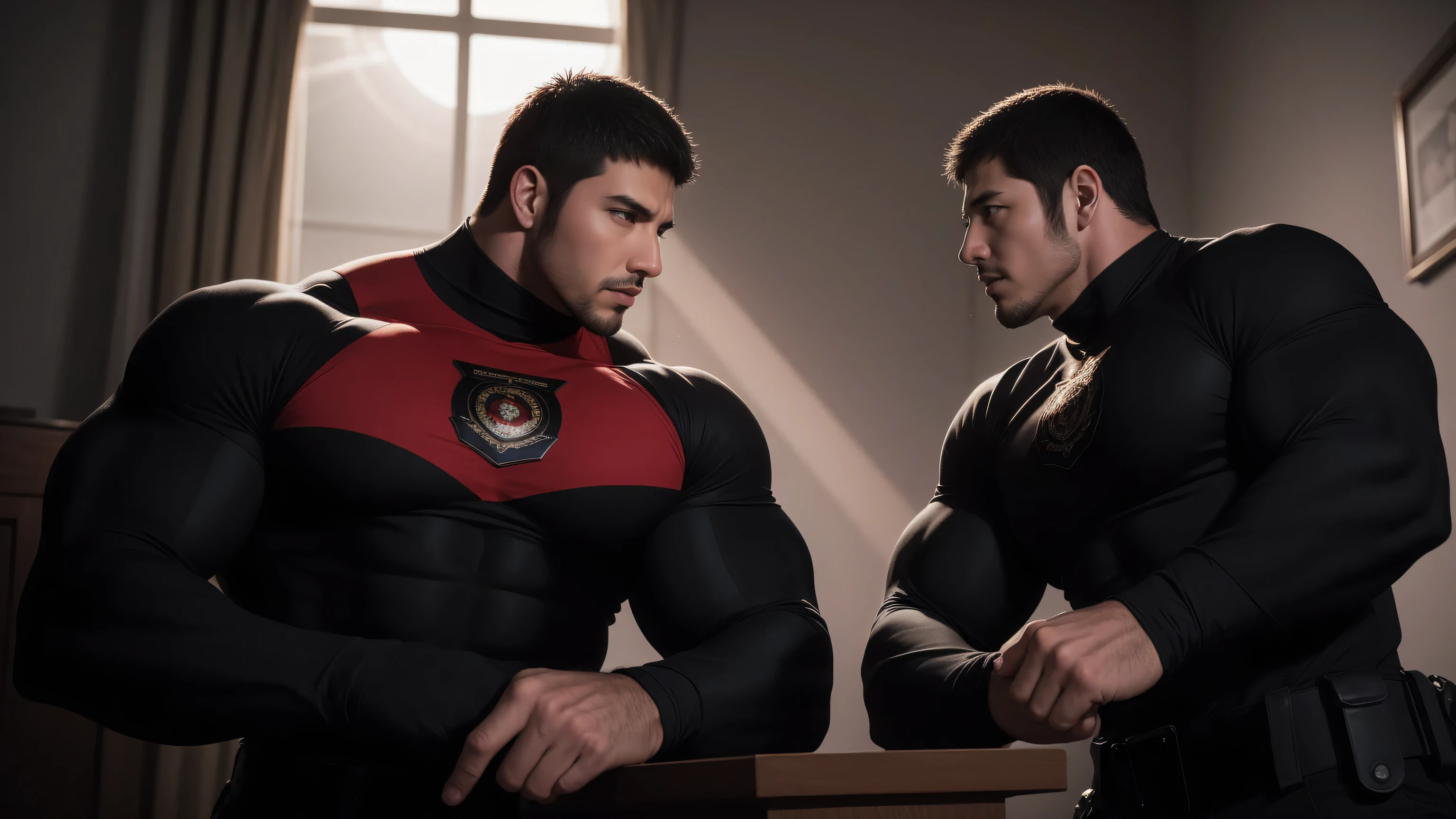 Super muscular man hugging, kissing and caressing, Open mouth and scream,Look at each other affectionately,They hugged each other affectionately,Buzz Cut,In a luxurious and noble mansion, Wear a long-sleeved red and black collar tights, Thickened warm elastic texture,The expression is arrogant, High collar long sleeve red and black turtleneck tights, very tight, Regular symmetrical pattern, Highlight muscles, Police uniform pants, character concept(Resident Evil - Chris Redfield, Chris Redfield)A proud expression, Deep and charming eyes, Heroic male pose, tall Burly, muscular!muscular thighs, tough guy, perfect facial features, High, Burly, Heqiang, Super polished and cool, High Resolution Committee, Charismatic, The sun shines through the customers