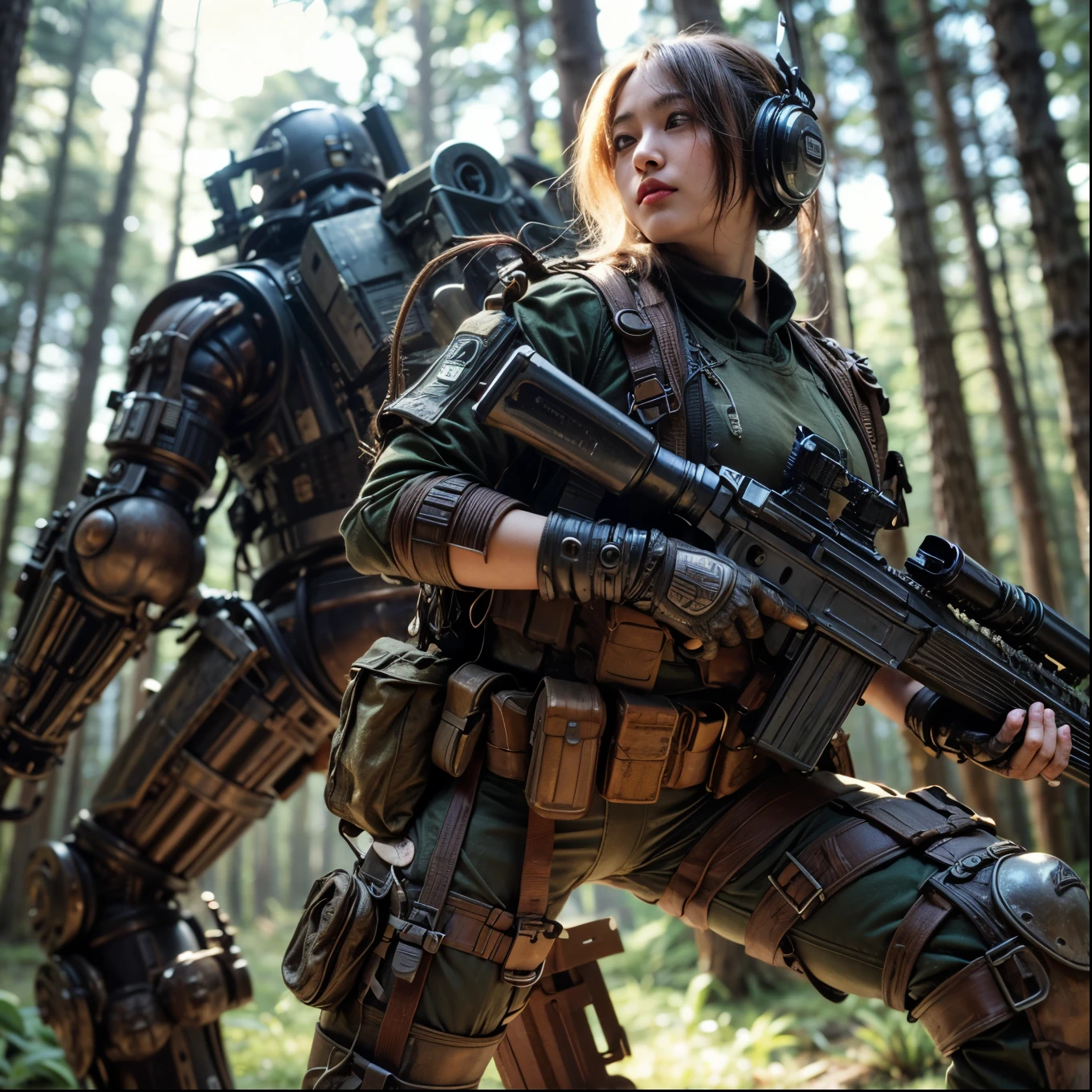 8K, Real Photo, Realistic Skin Texture, Super Realism, (WWII Era), (Mechanical Suit), Steampunk, Beautiful Forest Through Trees, Heavy Weapons, Vivid Textures, Beautiful Hair, Japanese Female Soldier, (Super Beautiful Face), Legs, ((Super Realistic All Textures)), ((Superall intricate details))), full body shot, super clear photo results, olive drab color, scratches, rust, weathering, sweat, action poses in motion, shot with Fujifilm X-T30 + Nokton. HDR10, minimum 4 images created.