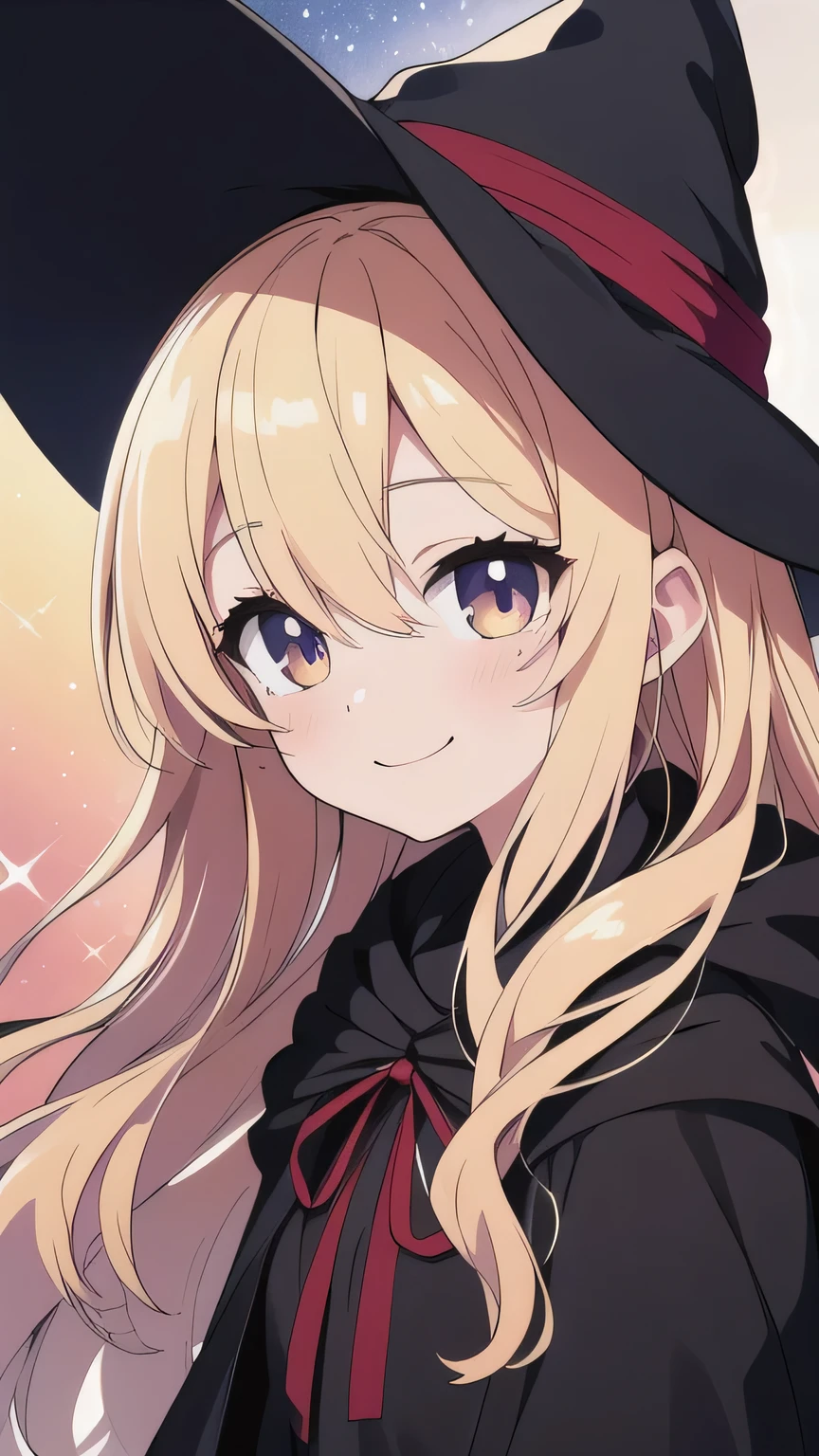 ((best quality)), ((masterpiece)), (detailed face and eyes), detailed hands and fingers, perfect face, accurate, textured skin, high details, blonde hair, gradient hair, hair between eyes, hair over shoulder, big hair, hair over eyes, hair flaps, mole under eye, tareme, smile, Expressionism, anime, sparkle, Pastel art, wizard, wizard hat, black cloak, red ribbon, Magic that emits light, Torrent of Light, wide shot, vanishing point