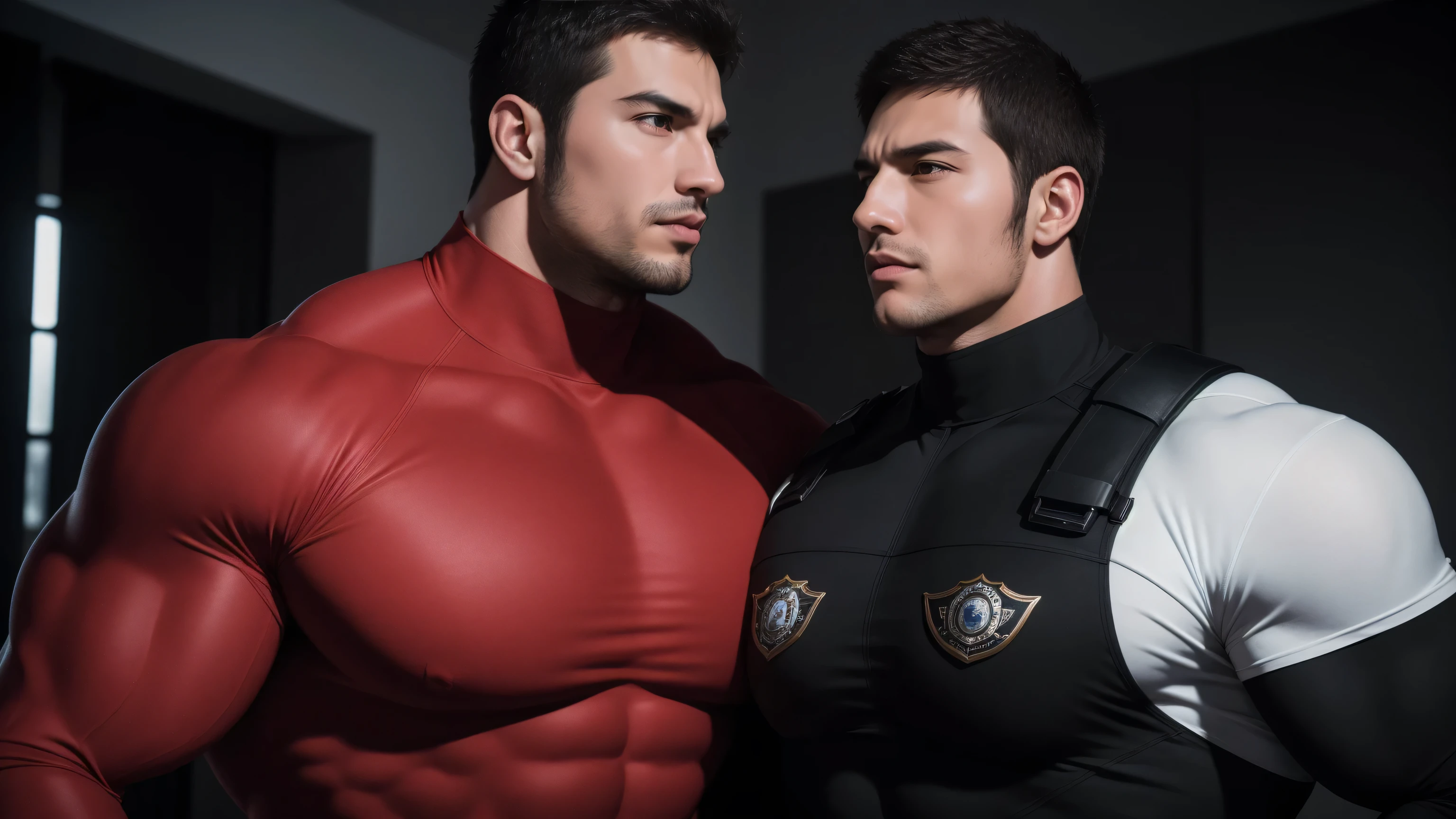 Super muscular man hugging, kissing and caressing,  Open mouth and scream，Look at each other affectionately，They hugged each other affectionately，Buzz Cut，In a luxurious and noble mansion, Wear a long-sleeved red and black collar tights, Thickened warm elastic texture，The expression is arrogant, High collar long sleeve red and black turtleneck tights, very tight, Regular symmetrical pattern, Highlight muscles, Police uniform pants, character concept（Resident Evil - Chris Redfield, Chris Redfield）A proud expression, Deep and charming eyes, Heroic male pose, tall Burly, muscular！muscular thighs, tough guy, perfect facial features, High, Burly, Heqiang, Super polished and cool, High Resolution Committee, Charismatic, The sun shines through the customers