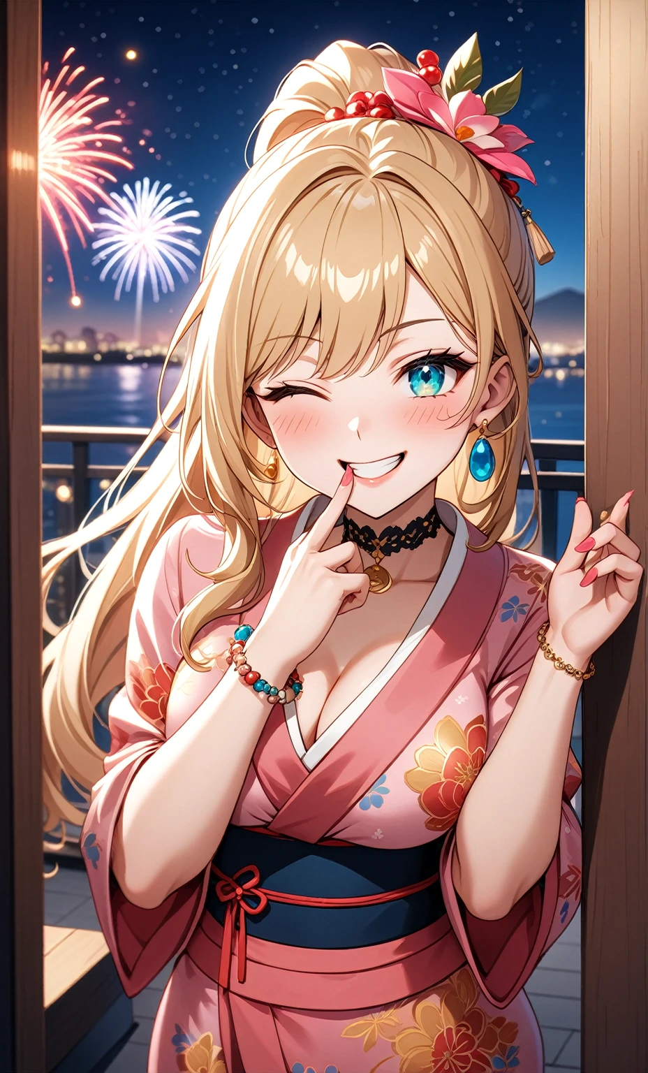 ((one personの女性)), Beautiful Face,(a woman making a peace sign. She is forming a peace sign with one hand and smiling at the camera), Laughing embarrassedly,((Wink:2.0)),Laughing with your mouth open,((Red cheeks:1.3)),Light comes from an angle,Glossy pink lips,night,rooftop,Festive decorations,You can see the ocean, firework,((Anime style background)),masterpiece, highest quality, so beautiful, Latest, Complex details, (Pink long nails),(ring),(flower bracelet),Floral choker,AI-generated, Complex,High resolution, highest quality, super high quality,3D Images、View your viewers、3D Images,one person,Long Blonde Hair,High Ponytail,Turquoise Eyes,Anime woman posing for a photo, (Fine grain,Colorful eyes,Shining Eyes:1.4),(Squint your eyes:1.1),a hyperRealistic , hyperRealistic , Realistic,Blonde anime woman with long hair, Smooth anime CG art, A woman in a colorful kimono with gold embroidery, (Pink kimono),Red floral pattern,Long flower hair ornament,Large floral earrings,(ring),(Big Breasts:1.1),Mature Body,Tall,Big Ass,Fine details,Tight waist,Abdominal muscles,(Face close up:1.6),(Tilt your face), Shooting from an angle,