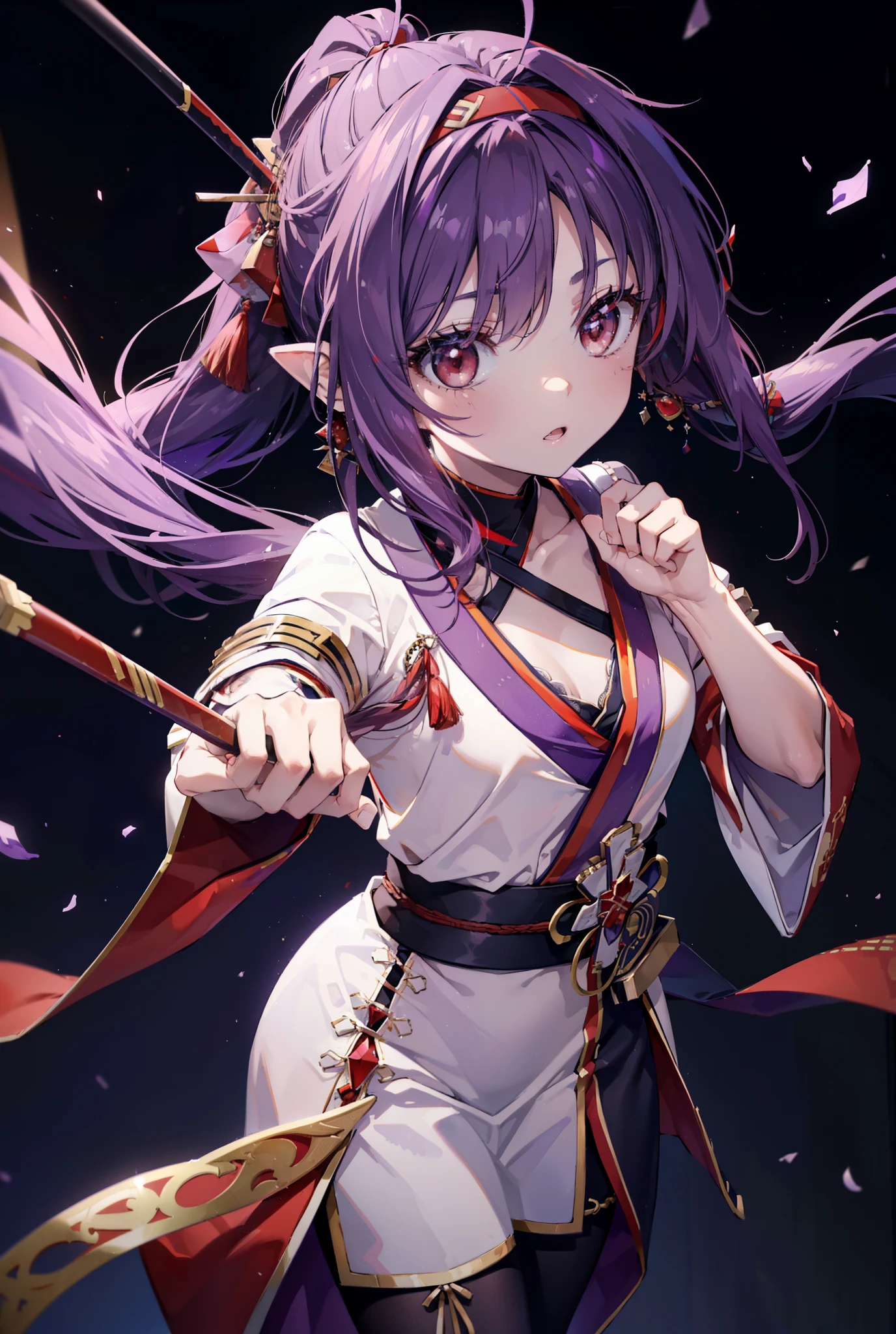 yuukikonno, Yuki Konno, hair band, Long Hair, Pointed Ears,ponytail, Purple Hair, (Red eyes:1.5), (Small breasts:1.2), Open your mouth,Purple kimono,Red too,boots,Japan sword 1:1 Hold the grip in your hand,
break looking at viewer, Upper Body, whole body,
break outdoors, Medieval European streets,
break (masterpiece:1.2), highest quality, High resolution, unity 8k wallpaper, (shape:0.8), (Narrow and beautiful eyes:1.6), Highly detailed face, Perfect lighting, Highly detailed CG, (Perfect hands, Perfect Anatomy),