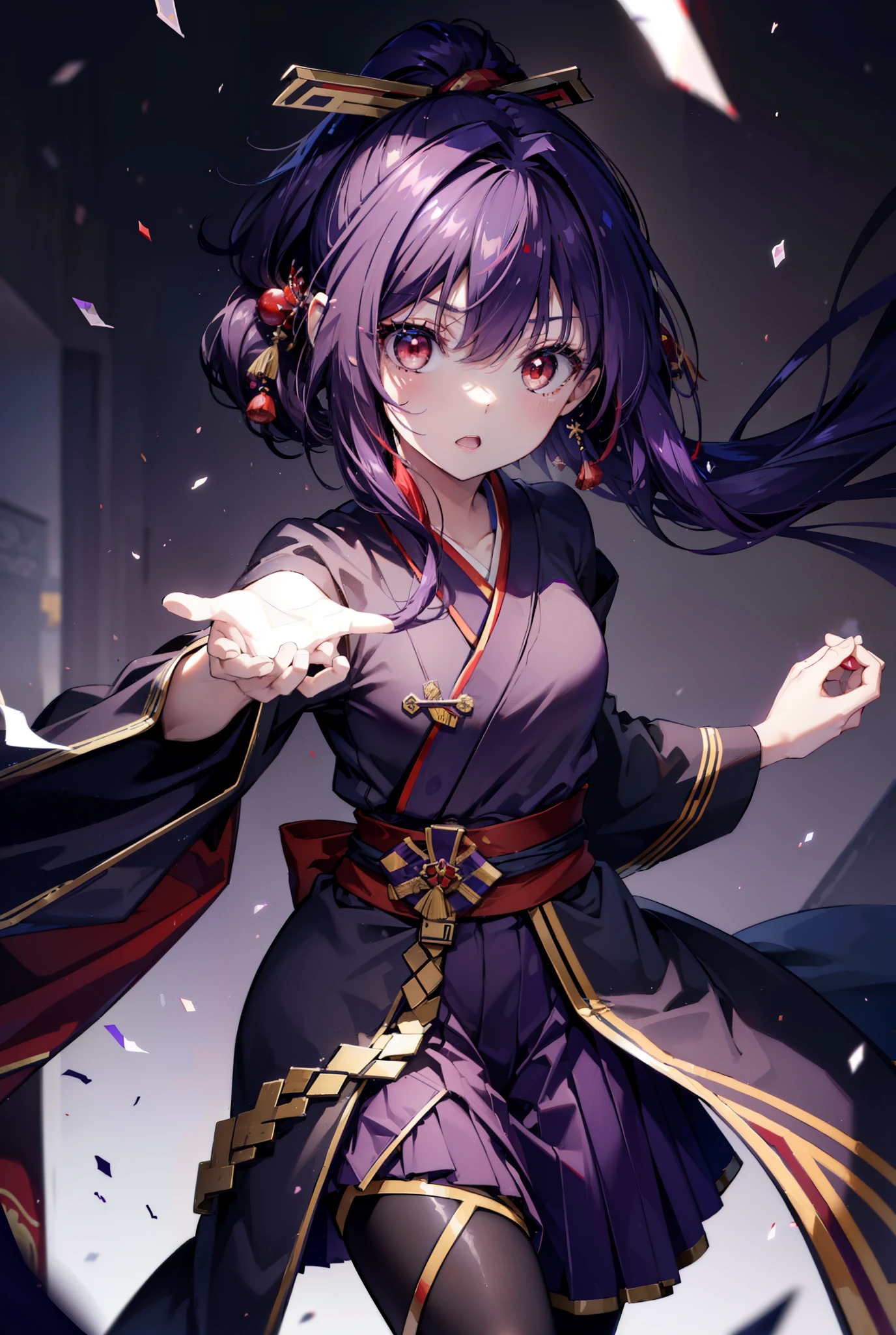 yuukikonno, Yuki Konno, hair band, Long Hair, Pointed Ears,ponytail, Purple Hair, (Red eyes:1.5), (Small breasts:1.2), Open your mouth,Purple kimono,Red too,boots,Japan sword 1:1 Hold the grip in your hand,
break looking at viewer, Upper Body, whole body,
break outdoors, Medieval European streets,
break (masterpiece:1.2), highest quality, High resolution, unity 8k wallpaper, (shape:0.8), (Narrow and beautiful eyes:1.6), Highly detailed face, Perfect lighting, Highly detailed CG, (Perfect hands, Perfect Anatomy),