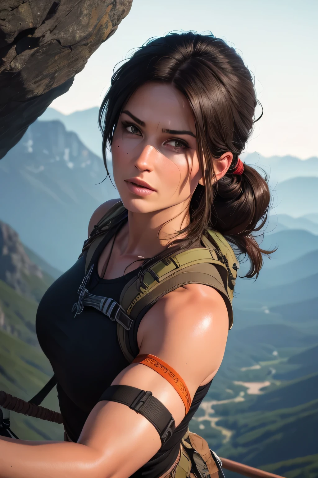 Lara Croft conducting rope rescue training,(A group of climbers:1.1),Rescue operations,action sports,Climbing,mountain peaks,Cord,challenge,highly,Courage,(Heroic rescue scene:1.2),Emergency Response Team,full body shot of, (Jaw-dropping effect), ,(Studio lighting), DLSR, sharp focus, soft lighting, masterpiece, perfect face, ultra detailed face, perfect brown eyes, beautiful face, black clothes