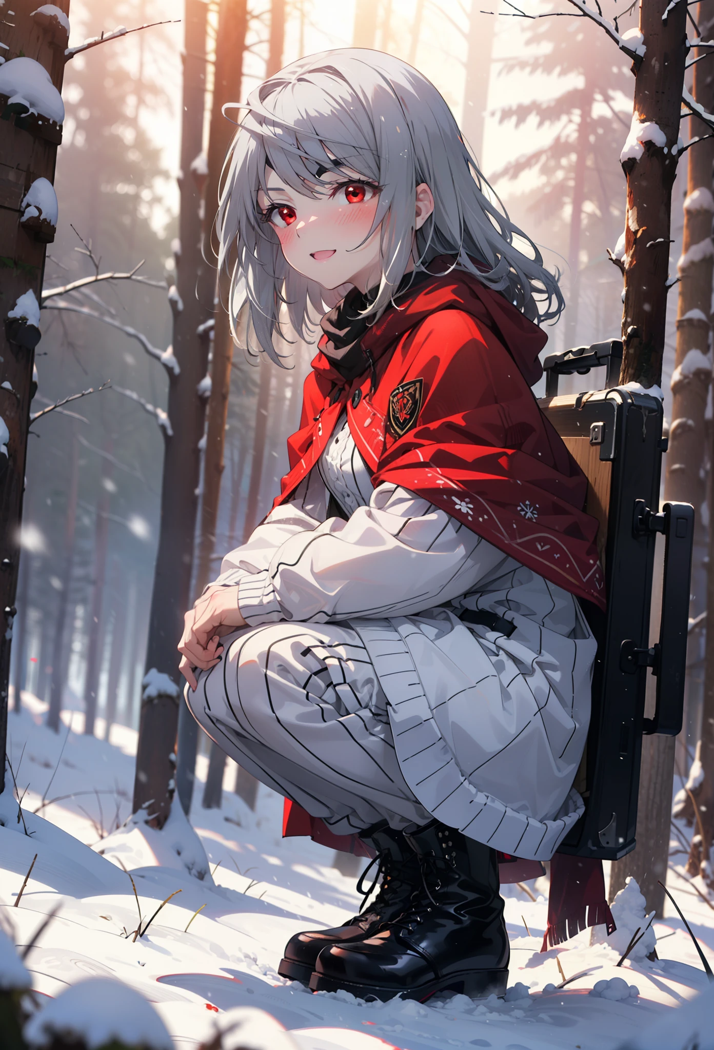 Laurabodewig, Laura Bodewig, Long Hair, (Red eyes:1.3), Grey Hair, Eye patch,smile,smile,blush,White Breath,
Open your mouth,snow,Ground bonfire,,Outdoor, boots, snowing, From the side, wood, suitcase, Cape, Blurred, , forest, White handbag, nature, Squat, Mouth closed, Cape, winter, Written boundary depth, Black shoes, red Cape break looking at viewer, Upper Body, whole body, break Outdoor, forest, nature, break (masterpiece:1.2), highest quality, High resolution, unity 8k wallpaper, (shape:0.8), (Beautiful and beautiful eyes:1.6), Highly detailed face, Perfect lighting, Extremely detailed CG, (Perfect hands, Perfect Anatomy),