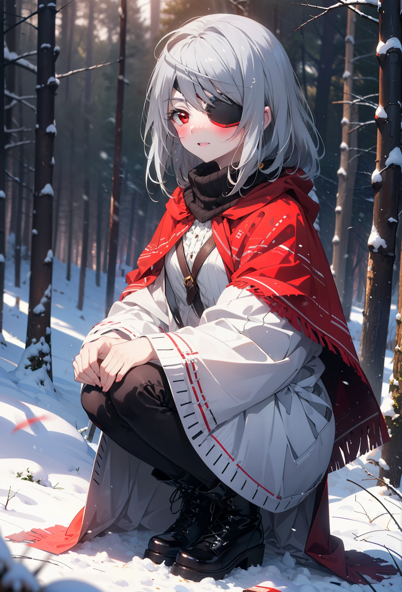 Laurabodewig, Laura Bodewig, Long Hair, (Red eyes:1.3), Grey Hair, Eye patch,smile,smile,blush,White Breath,
Open your mouth,snow,Ground bonfire,,Outdoor, boots, snowing, From the side, wood, suitcase, Cape, Blurred, , forest, White handbag, nature, Squat, Mouth closed, Cape, winter, Written boundary depth, Black shoes, red Cape break looking at viewer, Upper Body, whole body, break Outdoor, forest, nature, break (masterpiece:1.2), highest quality, High resolution, unity 8k wallpaper, (shape:0.8), (Beautiful and beautiful eyes:1.6), Highly detailed face, Perfect lighting, Extremely detailed CG, (Perfect hands, Perfect Anatomy),
