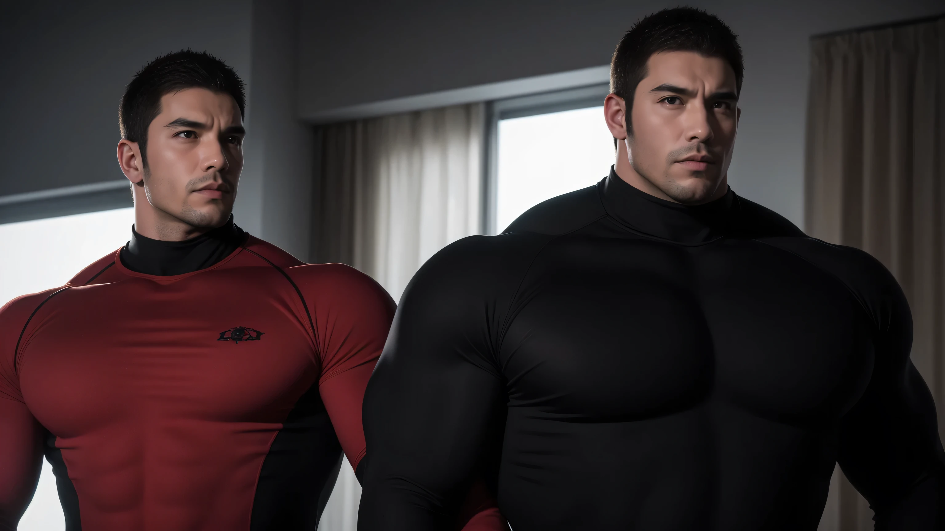Super muscular man hugging, kissing and caressing, Open mouth and scream,Look at each other affectionately,They hugged each other affectionately,Buzz Cut,In a luxurious and noble mansion, Wear a long-sleeved red and black collar tights, Thickened warm elastic texture,The expression is arrogant, High collar long sleeve red and black turtleneck tights, very tight, Regular symmetrical pattern, Highlight muscles, Police uniform pants, character concept(Resident Evil - Chris Redfield, Chris Redfield)A proud expression, Deep and charming eyes, Heroic male pose, tall Burly, muscular!muscular thighs, tough guy, perfect facial features, High, Burly, Heqiang, Super polished and cool, High Resolution Committee, Charismatic, The sun shines through the customers