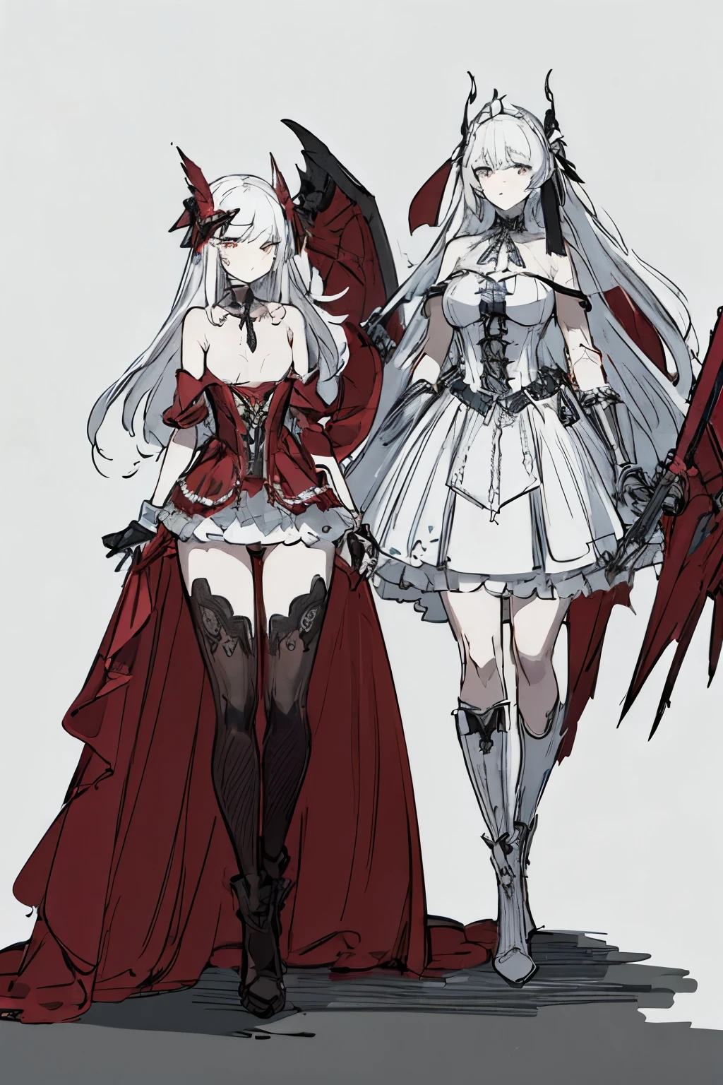((best quality)), ((masterpiece)), (detailed), 1girl, off-shoulder, blank white background, plain background, white background, red and white clothing, Bloodborne inspired, occult aesthetic, occult, detailed and intricate steampunk and detailed gothic, NSFW, Very dramatic and cinematic lighting, cosmic horror, grim-dark, side-lighting, perfect face, NSFW, Fluttering lace flared long knee length dress with frilly petticoats, knee length dress, pleated petticoats, lolita dress, petticoats gothic lolita, complex lace boots, side-lighting, gothic lolita aesthetic, wielding a mighty sword with mechanical components, various different types of insect wings, NSFW, full body, whole body, body, plain background, white background, blank background, no background, white background NSFW, chains, full body, whole body, head-to-toe NSFW