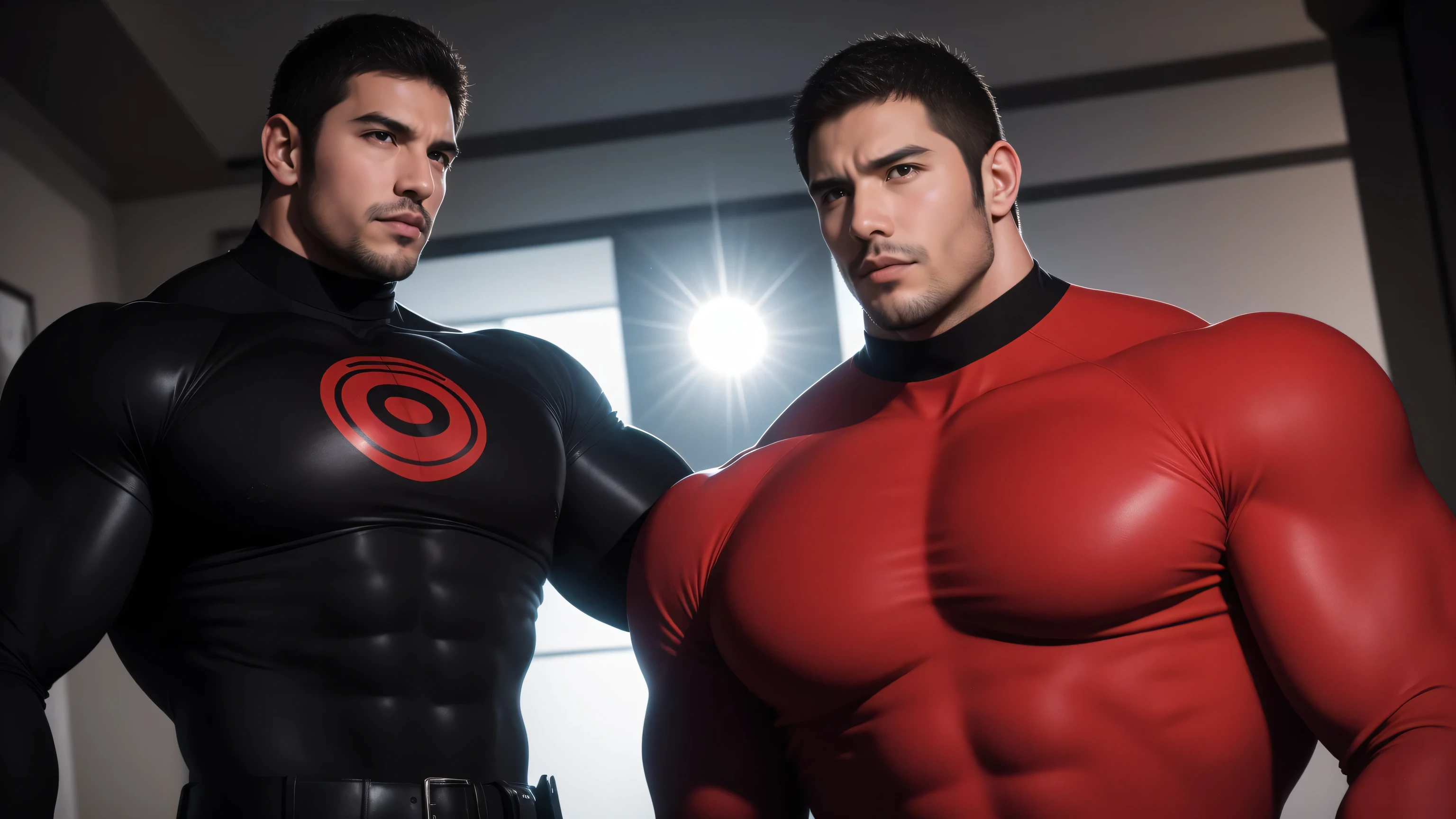 Super muscular man hugging, kissing and caressing,  Open mouth and scream，Look at each other affectionately，They hugged each other affectionately，Buzz Cut，In a luxurious and noble mansion, Wear a long-sleeved red and black collar tights, Thickened warm elastic texture，The expression is arrogant, High collar long sleeve red and black turtleneck tights, very tight, Regular symmetrical pattern, Highlight muscles, Police uniform pants, character concept（Resident Evil - Chris Redfield, Chris Redfield）A proud expression, Deep and charming eyes, Heroic male pose, tall Burly, muscular！muscular thighs, tough guy, perfect facial features, High, Burly, Heqiang, Super polished and cool, High Resolution Committee, Charismatic, The sun shines through the customers