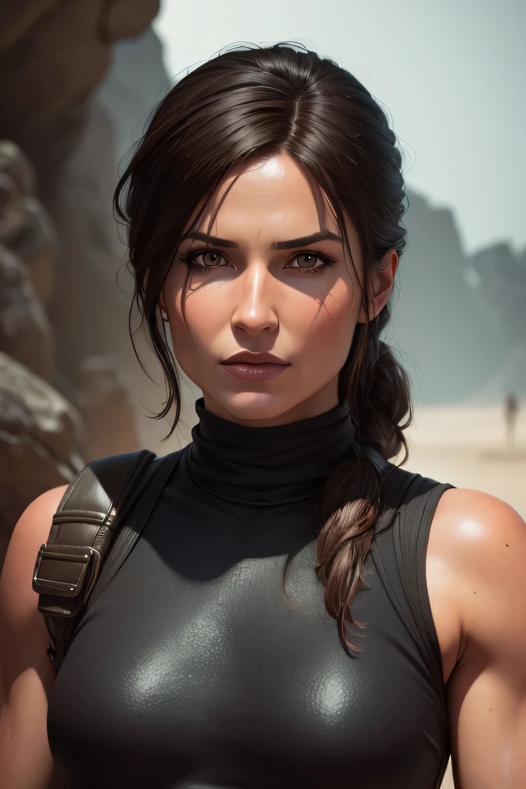 Lara Croft standing in a scene of the film Dune, DLSR, black clothes, sharp focus, soft lighting, photorealistic, masterpiece, perfect face, ultra detailed face, beautiful brown eyes, beautiful face, lean body, perfect anatomy