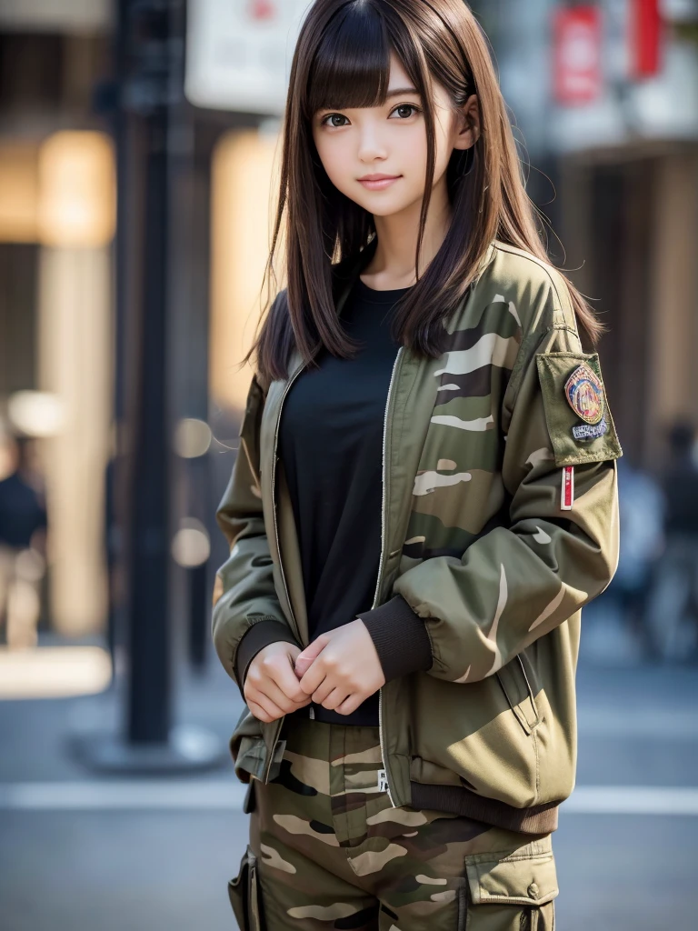(8k, RAW Photos, highest quality, masterpiece:1.2), (Realistic, photo-Realistic:1.4), (Highly detailed 8k wallpaper), ((Full Body Shot)), (1 girl), Sharp focus, Depth of written boundary, Cinematic lighting, Soft Light, 緻密な美しさのeye, eye_Chan, Very beautiful 17 year old girl, innocent big eyes, Realistic, photo Realistic, Highly detailed cute girl, (Thin thighs), (Model Body Type), 18-year-old, ((Khaki MA-1 flight jacket)), (Black T-shirt), ((Camouflage cargo long pants)), (((Fold your arms in front of your chest and act arrogantly))), ((A happy smile)), Parted lips, Watching the audience, (On the streets of Tokyo) , (Brown Hair),(Long Bob Hair), (Asymmetrical bangs)