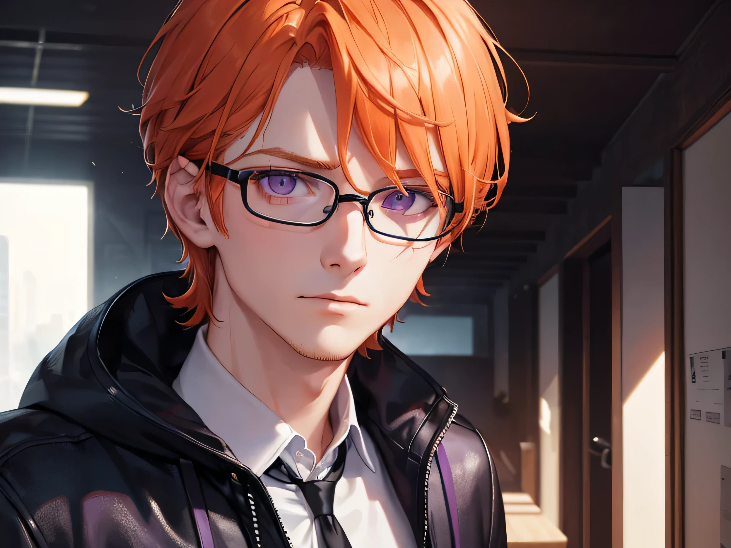 a detail close up person, ((8k)), ((face detailed)), ((bust up shot)), a tech genius orange-haired and purple eyes ((male)) 22 aged ((wearing glasses)) and black jacket with serious expression walking in the hallway of the old building, looking at the point view, sunlight shines in from the side darken the other side