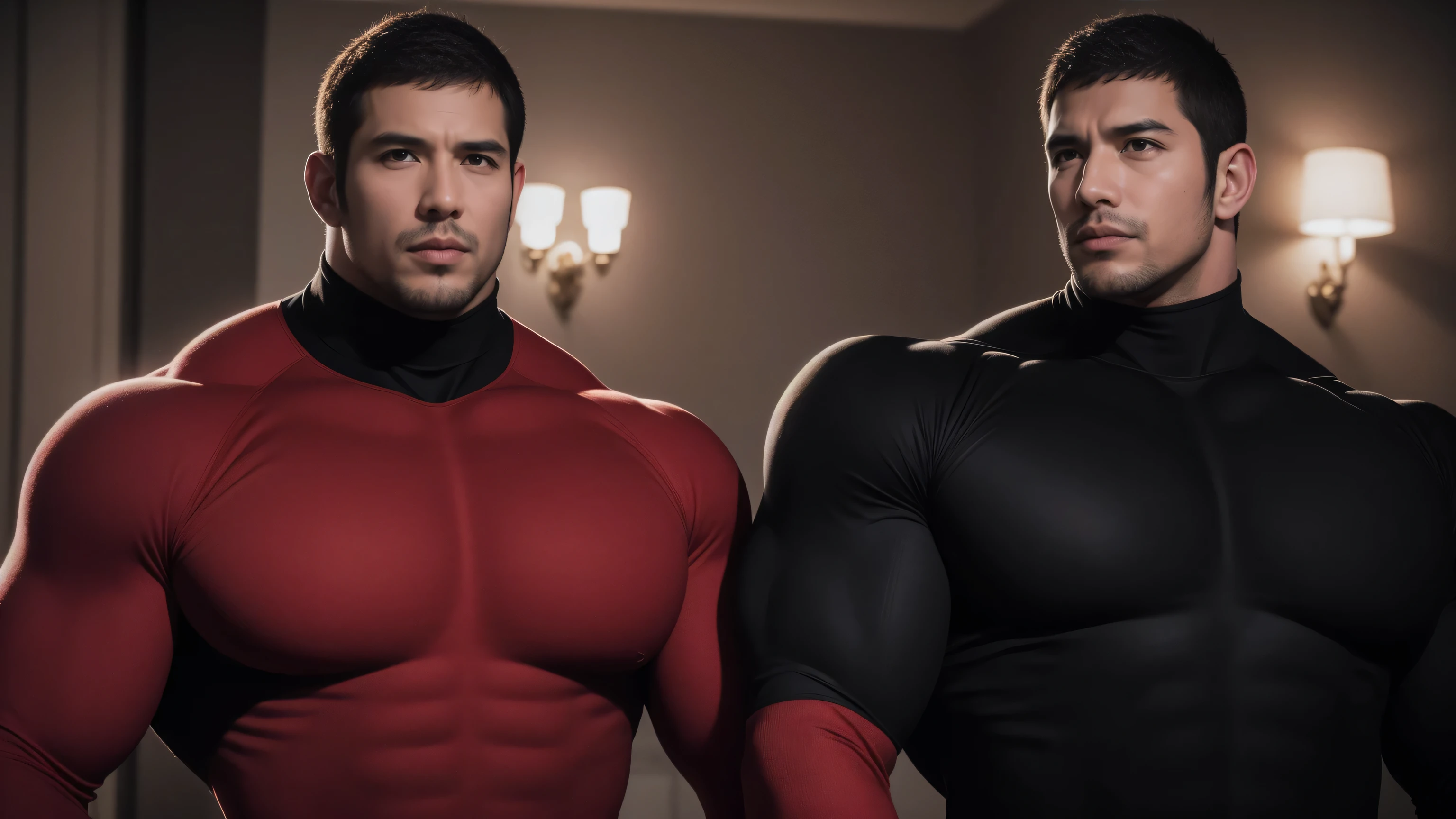Super muscular man hugging, kissing and caressing,  Open mouth and scream，Look at each other affectionately，They hugged each other affectionately，Buzz Cut，In a luxurious and noble mansion, Wear a long-sleeved red and black collar tights, Thickened warm elastic texture，The expression is arrogant, High collar long sleeve red and black turtleneck tights, very tight, Regular symmetrical pattern, Highlight muscles, Police uniform pants, character concept（Resident Evil - Chris Redfield, Chris Redfield）A proud expression, Deep and charming eyes, Heroic male pose, tall Burly, muscular！muscular thighs, tough guy, perfect facial features, High, Burly, Heqiang, Super polished and cool, High Resolution Committee, Charismatic, The sun shines through the customers