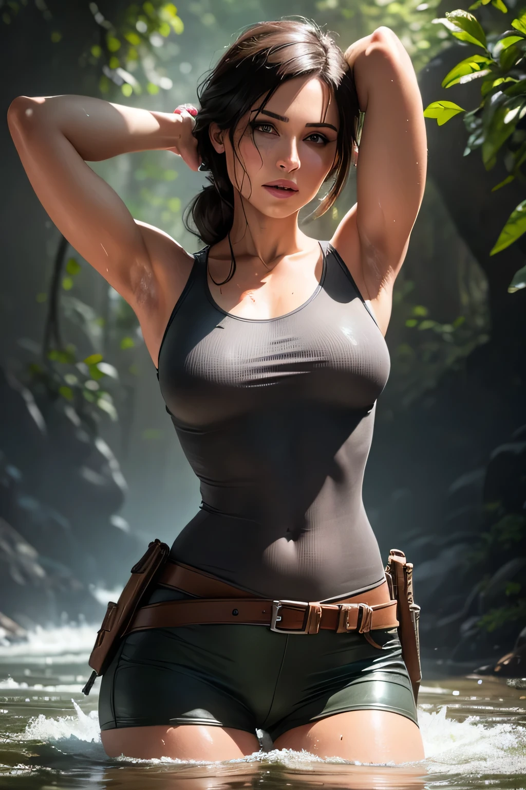 Lara Croft standing waist-high in a river in the jungle at night. Wet body. Wet see through clothes. Wet see-through grey shirt. She is soaking wet. Wet hair. Beautiful face. Perfect anatomy. Arms by her side, DLSR, sharp focus, soft lighting, masterpiece, perfect face, ultra detailed face, perfect brown eyes, beautiful face, perfect anatomy
