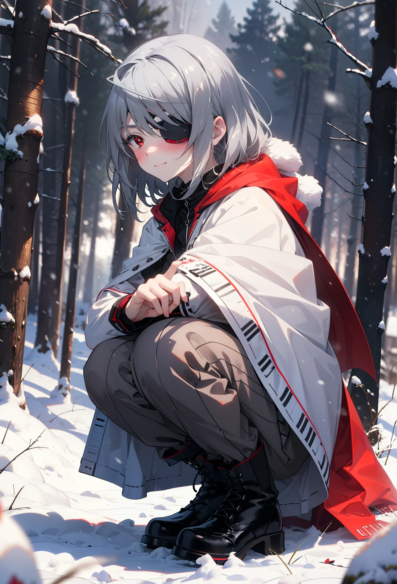 Laurabodewig, Laura Bodewig, Long Hair, (Red eyes:1.3), Grey Hair, Eye patch,smile,smile,blush,White Breath,
Open your mouth,snow,Ground bonfire,,Outdoor, boots, snowing, From the side, wood, suitcase, Cape, Blurred, , forest, White handbag, nature, Squat, Mouth closed, Cape, winter, Written boundary depth, Black shoes, red Cape break looking at viewer, Upper Body, whole body, break Outdoor, forest, nature, break (masterpiece:1.2), highest quality, High resolution, unity 8k wallpaper, (shape:0.8), (Beautiful and beautiful eyes:1.6), Highly detailed face, Perfect lighting, Extremely detailed CG, (Perfect hands, Perfect Anatomy),