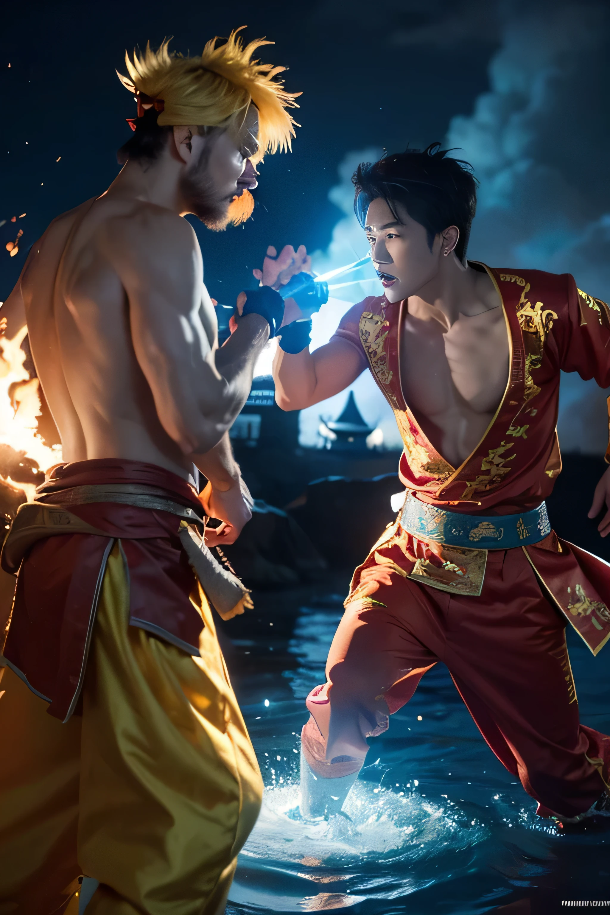 Create an image of a fantasy scene set on clouds with a golden castle in the background. Two men are facing each other in a dramatic confrontation at eye-level. One man is dressed in traditional red Chinese attire, wielding fire powers with a fiery aura surrounding him. The other man is shirtless, wearing cargo pants and has a muscular build, wielding water powers with a blue aura around him. The confrontation is intense, suggesting an impending fierce battle.