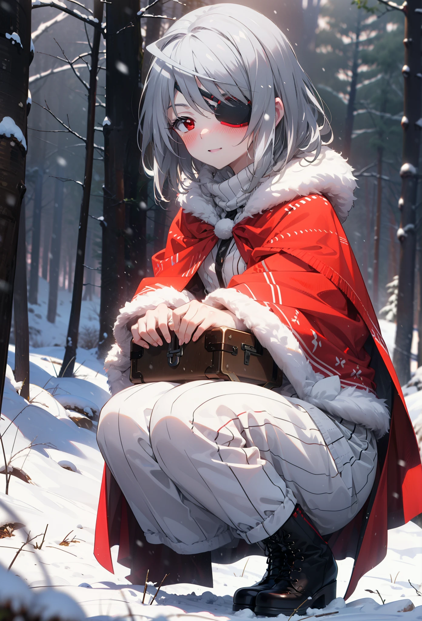 Laurabodewig, Laura Bodewig, Long Hair, (Red eyes:1.3), Grey Hair, Eye patch,smile,smile,blush,White Breath,
Open your mouth,snow,Ground bonfire,,Outdoor, boots, snowing, From the side, wood, suitcase, Cape, Blurred, , forest, White handbag, nature, Squat, Mouth closed, Cape, winter, Written boundary depth, Black shoes, red Cape break looking at viewer, Upper Body, whole body, break Outdoor, forest, nature, break (masterpiece:1.2), highest quality, High resolution, unity 8k wallpaper, (shape:0.8), (Beautiful and beautiful eyes:1.6), Highly detailed face, Perfect lighting, Extremely detailed CG, (Perfect hands, Perfect Anatomy),