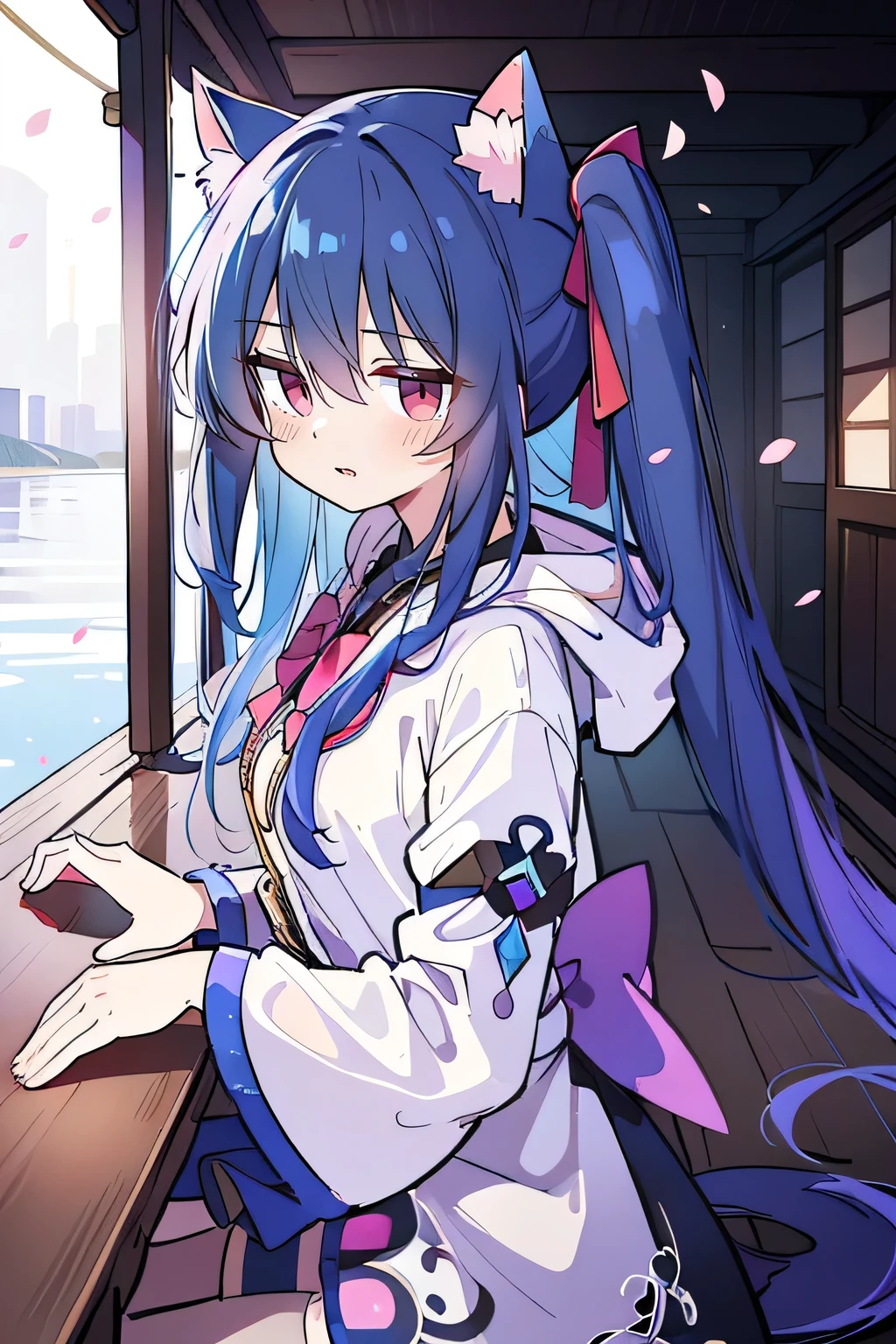 (masterpiece:1.2),Super detailed,lifelike,Expressive eyes,fair skin,perfect face shape,1 girl,
Japanese comics,Gorgeous blue hair,flowing blue hair,flowing clothes,Cat ears,Petals fall,beautiful lola,Baby Angel,
Shaking head with one hand,Cross your legs,Gentle and peaceful background,The pavilion is cool and comfortable,smile, wearing hoodie, background of tokyo,back views,snowing, winter,lie on the water.(Best Quality: 1.3), (Masterpiece: 1.3), (Illustration: 1.3), (Ultra Detailed: 1.3), (Imide Lens: 0.9), 1girl, Medium Breasts, Purple Eyes, ((Dark Blue Hair) ), hair accessories, young, clothing-gladiia, long hair, dark blue hair, indoors, black shorts, high socks, low ponytail, expressionless, upper body, close-up, coat, skirt,