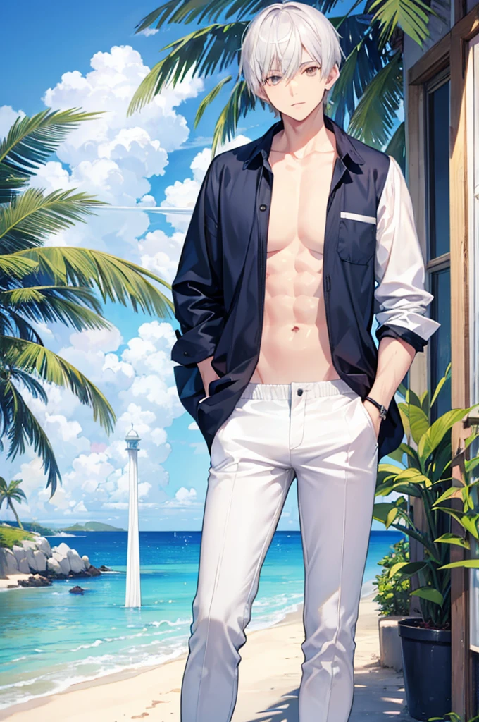 Silver Hair Short Hair Golden Eyes Handsome male tall cool Trousers swimsuit blue sea White sand beach Light of the sun