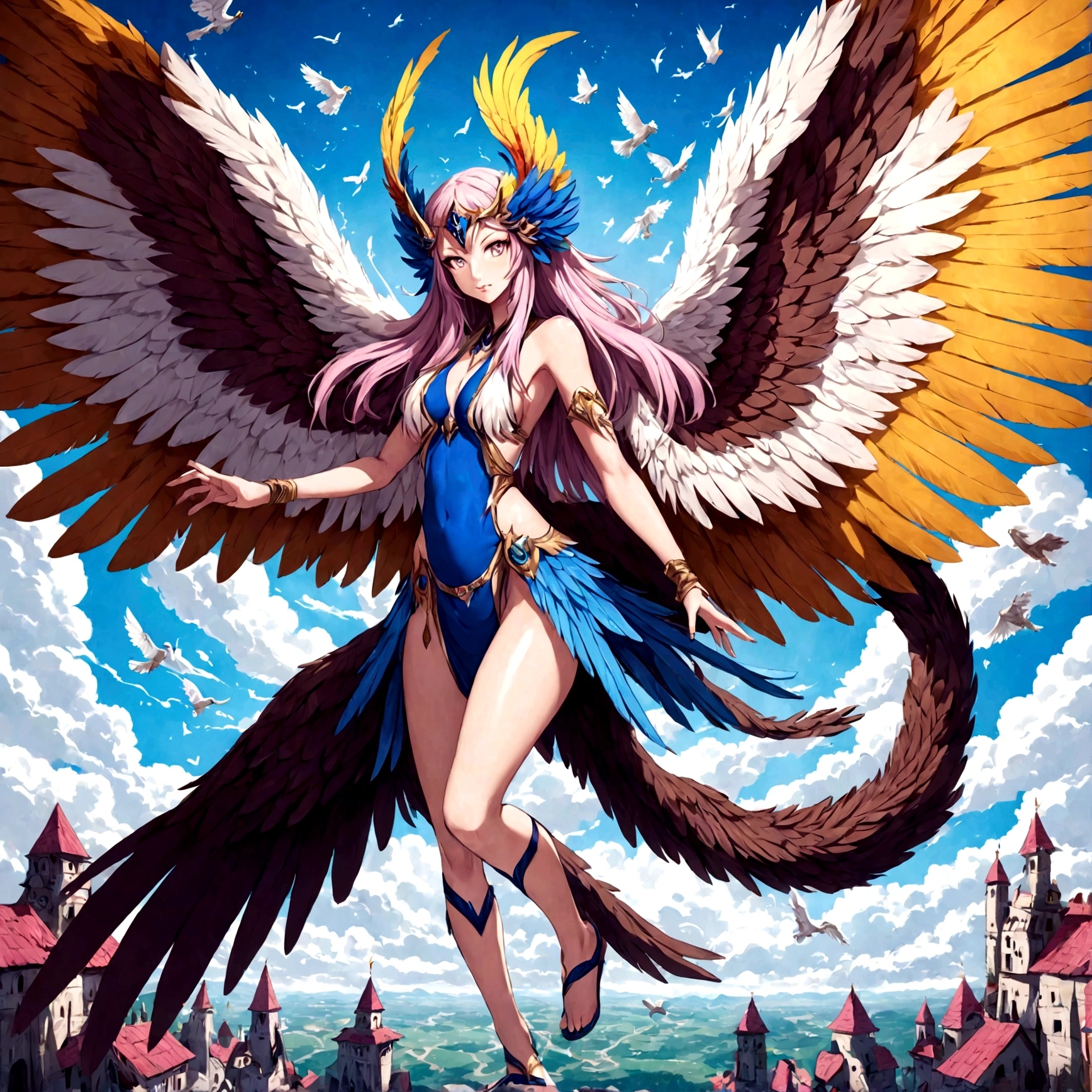 Cartoon drawing of a bird with a long beak and a long tail, young Harpy-girl, huge Feather Wings, with large wings, inka Harpy girl, Harpy, birds!!! Farson, Harpy woman, Griffon, Black Aarako Craigur Warlord, Feather Wings, Antro Aeromorph, wispy gigantic wings,Dynamic Movement