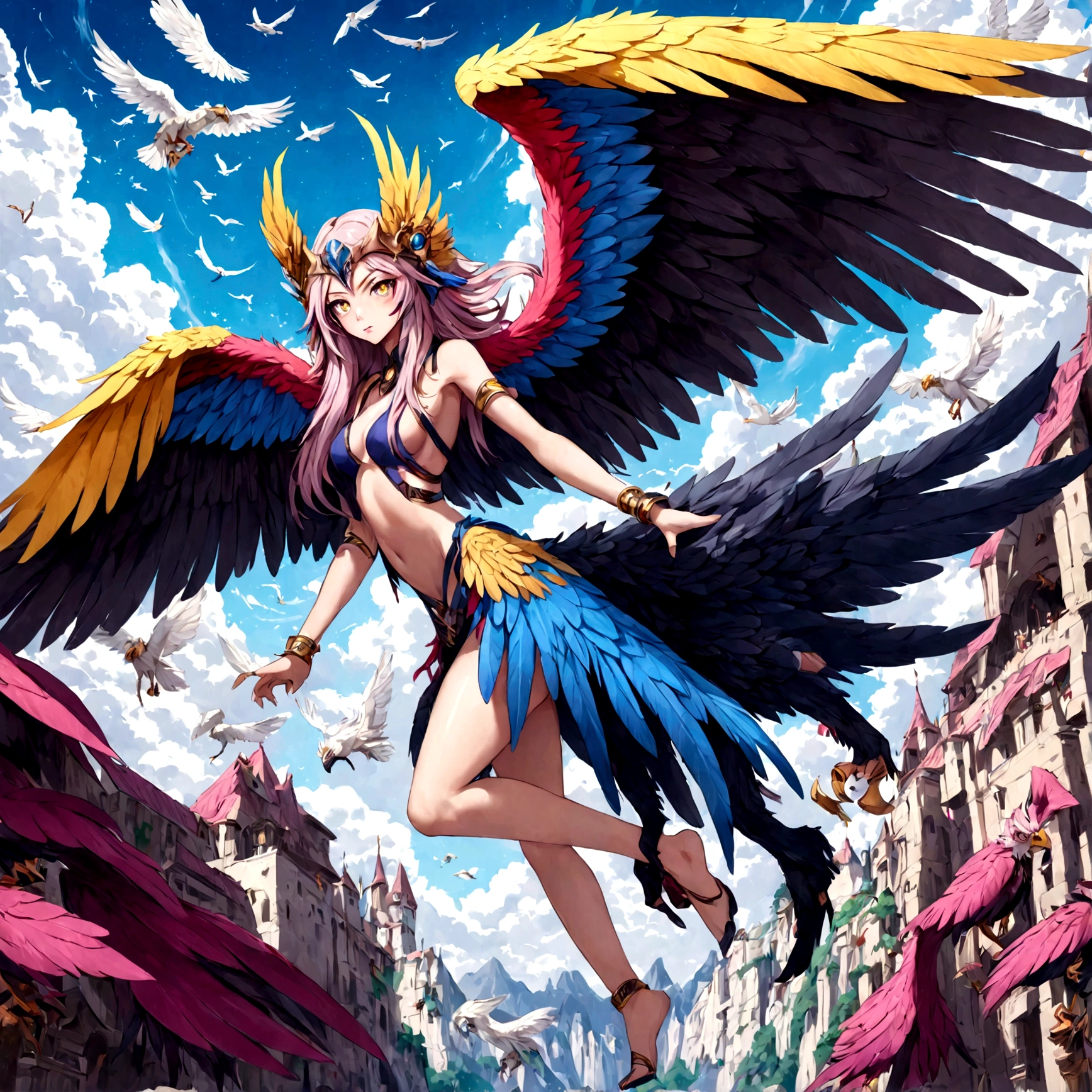 Cartoon drawing of a bird with a long beak and a long tail, young Harpy-girl, huge Feather Wings, with large wings, inka Harpy girl, Harpy, birds!!! Farson, Harpy woman, Griffon, Black Aarako Craigur Warlord, Feather Wings, Antro Aeromorph, wispy gigantic wings,Dynamic Movement