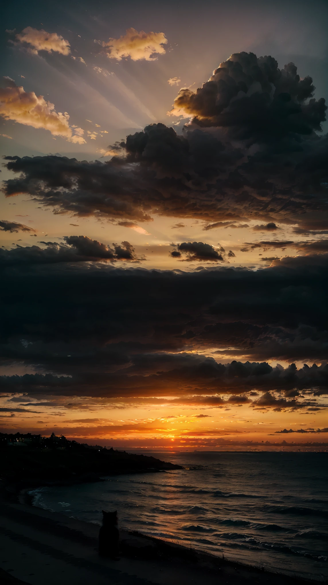 mountain view with sunset, realistic, 8k darklight, Kitty watching sunset, Scenery of sunset and dusk by the seaside