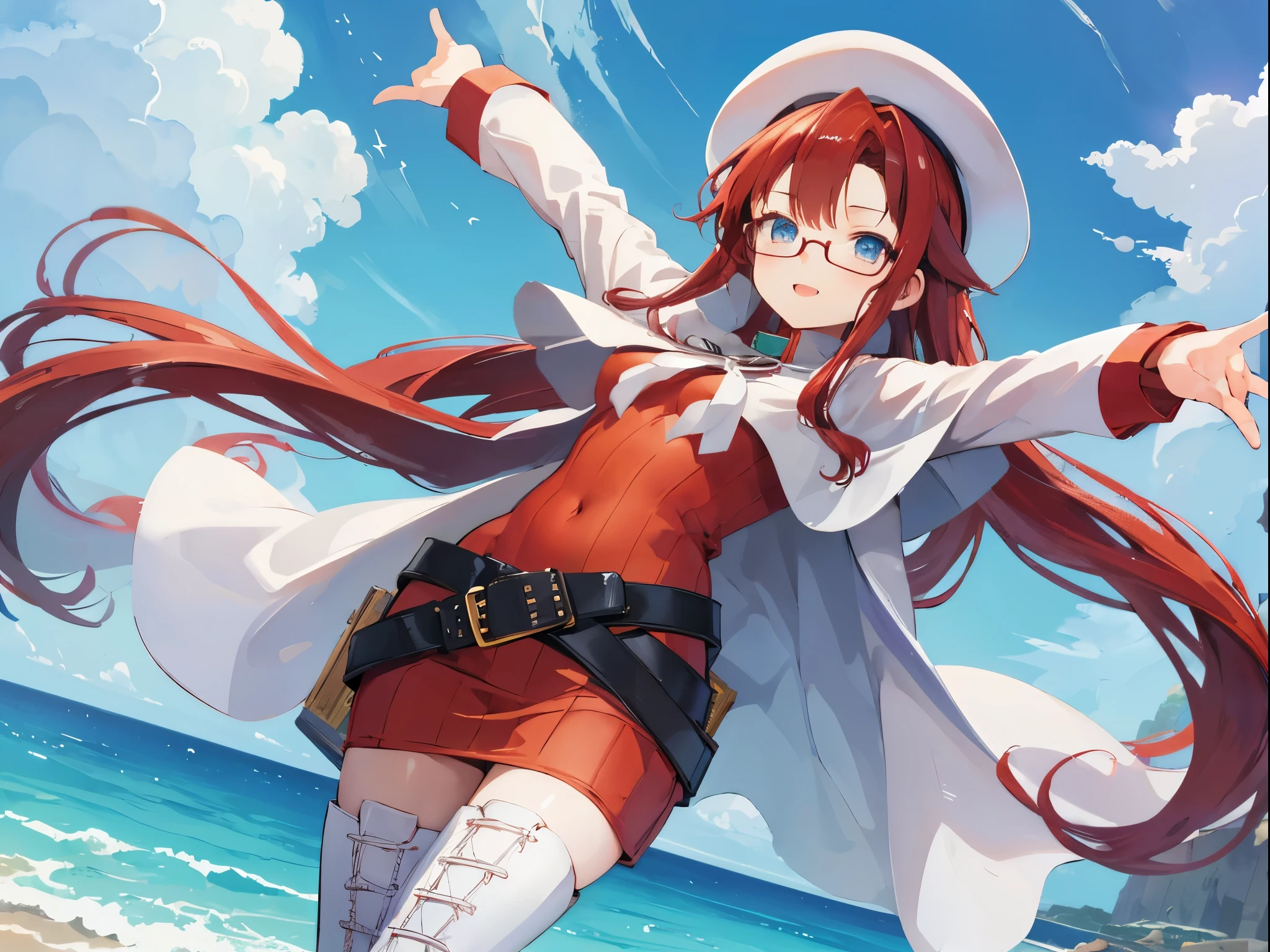summonnightaty, aty, (young:1.3),long hair, blue eyes, red hair, big_tits, hat, glasses,
BREAK long hair, thighhighs, hat, dress, naked_legs, glasses, belt, cape, sweater, zettai ryouiki, beret, thigh boots, white footwear, ribbed sweater, loose belt,solo,
BREAK outdoors, fantasy,on_beach,
,Highquality_hads,perfect_fingers,
BREAK (masterpiece:1.2), best quality, high resolution, unity 8k wallpaper, (illustration:0.8), (beautiful detailed eyes:1.6), extremely detailed face, perfect lighting, extremely detailed CG, (perfect hands, perfect anatomy),covered_nipples,covered_navel ,half_eyes,long_sword,sleepy,red_sweater,apart_knees,magical_effect,spread_legs, have_a_book,teacher,rise_knee,Smile,rise_hand,look_down_viewer,spread_arms,sea_waves,looking_into,blue_sky,plump,open_mouth, dynamic_posing