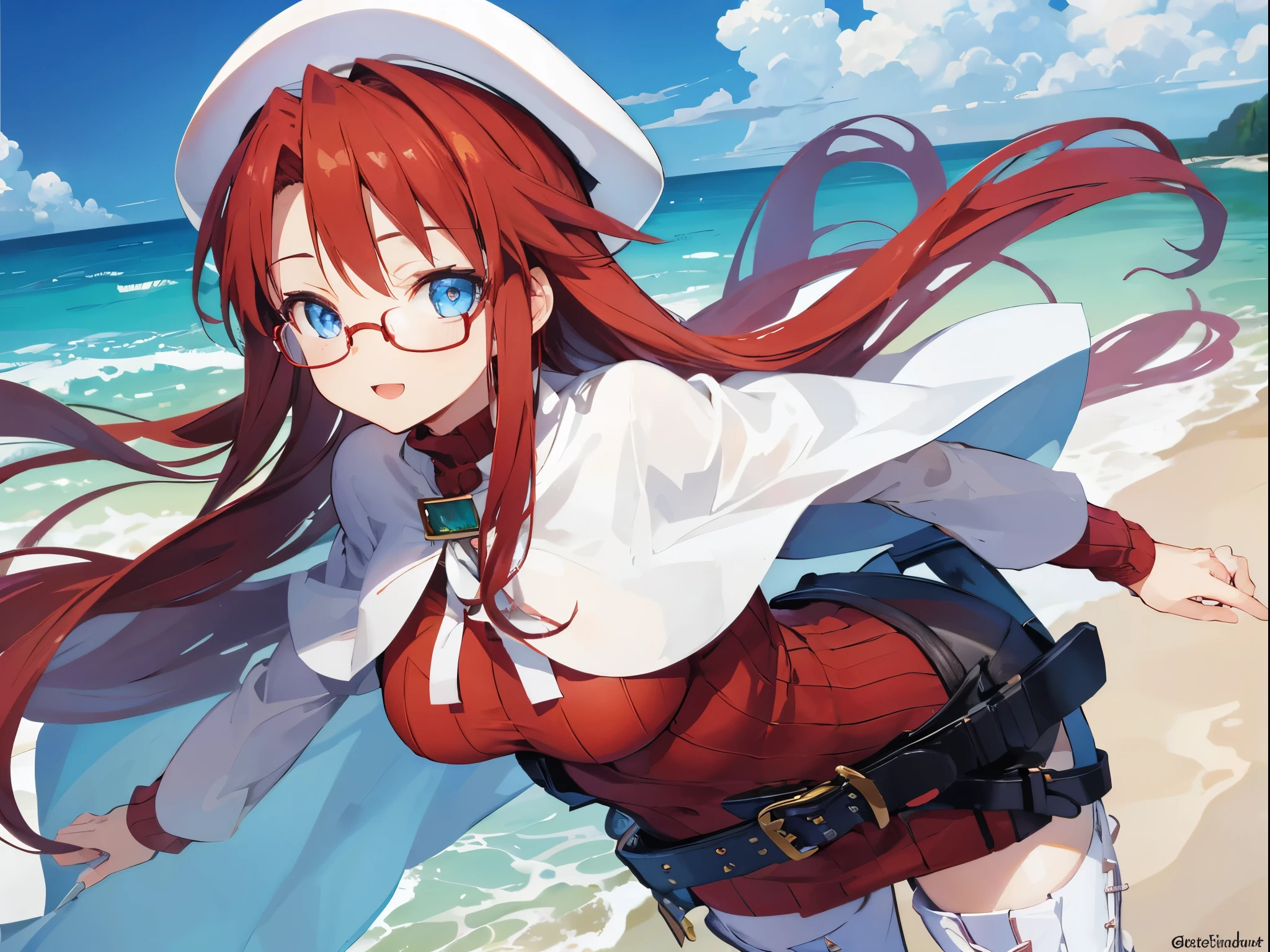 summonnightaty, aty, (young:1.3),long hair, blue eyes, red hair, big_tits, hat, glasses,
BREAK long hair, thighhighs, hat, dress, naked_legs, glasses, belt, cape, sweater, zettai ryouiki, beret, thigh boots, white footwear, ribbed sweater, loose belt,solo,
BREAK outdoors, fantasy,on_beach,
,Highquality_hads,perfect_fingers,
BREAK (masterpiece:1.2), best quality, high resolution, unity 8k wallpaper, (illustration:0.8), (beautiful detailed eyes:1.6), extremely detailed face, perfect lighting, extremely detailed CG, (perfect hands, perfect anatomy),covered_nipples,covered_navel ,half_eyes,long_sword,sleepy,red_sweater,apart_knees,magical_effect,spread_legs, have_a_book,teacher,rise_knee,Smile,rise_hand,look_down_viewer,spread_arms,sea​_waves,looking_into,blue_sky,plump,open_mouth, dynamic_posing
