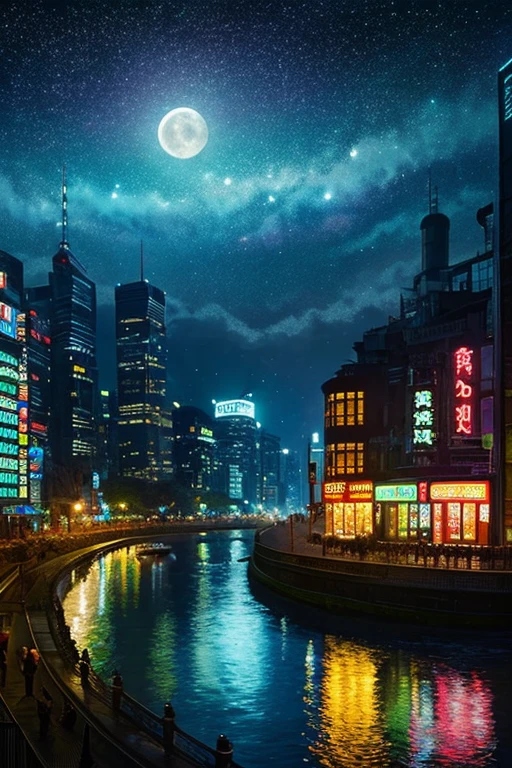 highest quality、Landscape painting、Neon lights in the city、Starry Sky、moon