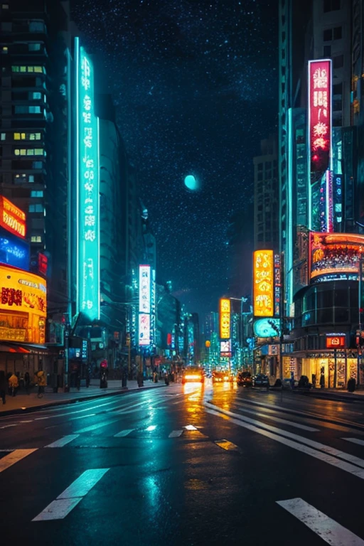highest quality、Landscape painting、Neon lights in the city、Starry Sky、moon