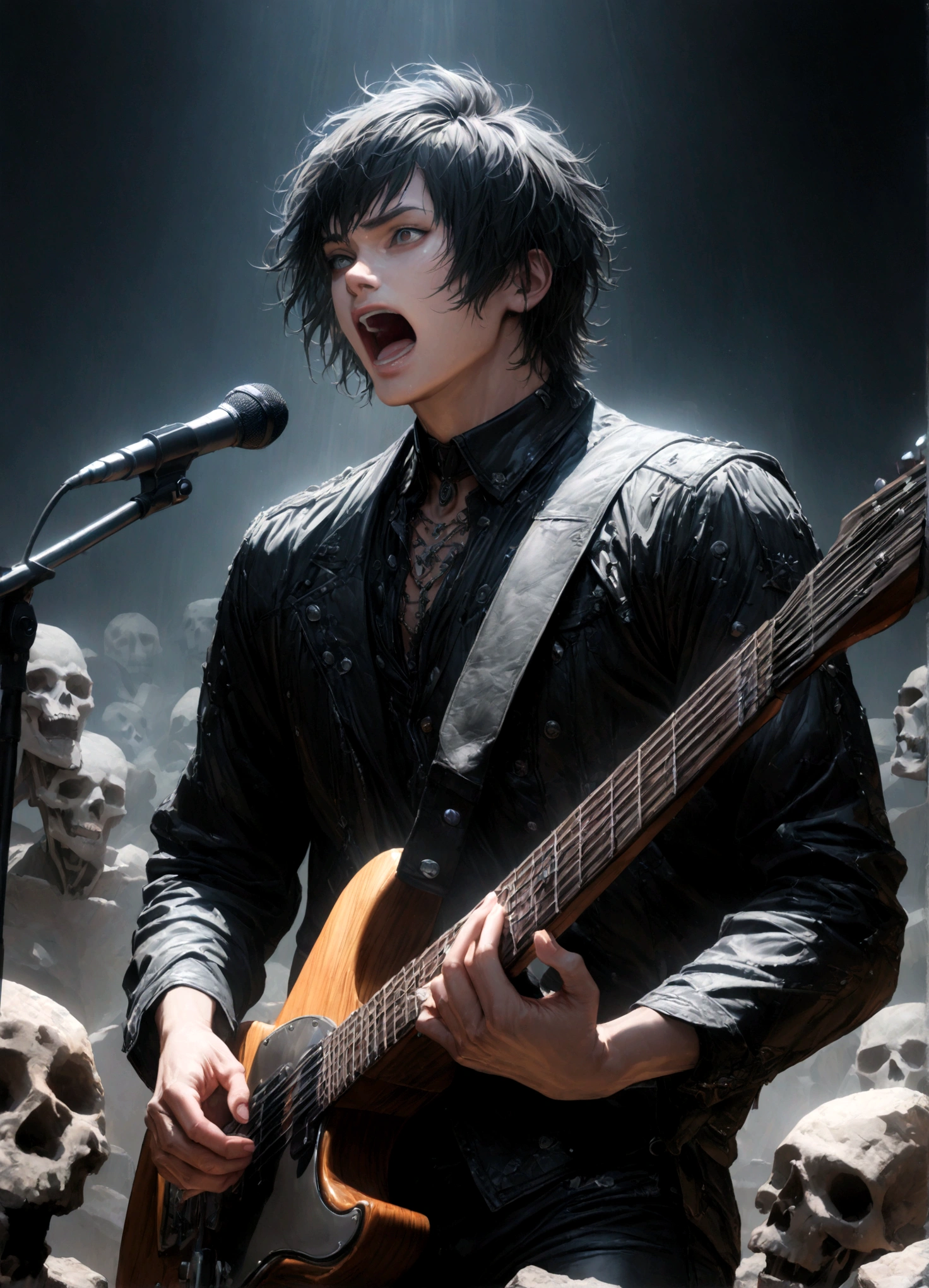 1 male,close up shot,focus on men,moderately muscular,The man is a guitarist and vocalist in a rock band.,neutral black short hair,the man is facing forward,A man is playing a black electric guitar,(masculine face),The man looks like he's half yellow and half white.,((Singing as if screaming: 1.3)),photoreal,rock musician costume,anatomically correct,(masterpiece:1.3),(highest quality:1.4),(ultra detailed:1.5),High resolution,extremely detailed,unity 8k wallpaper,draw artistic background,(Draws an abstract and decadent image in the dark,with a large number of gray skeletons and colorful musical notes),(Please vary the size of the notes to create a sense of perspective),beautiful light and shadow,This image is a rock music poster,dark fantasy,intricate details,energetic,rock,cool,punk rock or hardcore music,concert venue lighting,BREAK,rock musician costume details,(masterpiece:1.3),(highest quality:1.4),(ultra detailed:1.5),The man is looking at this,Carefully draw hands