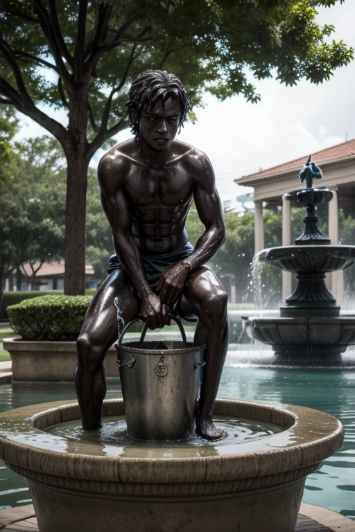 Square fountain sculpture symbolizing Brazilian slavery (slave holding bucket above his shoulders pouring water into fountain).  