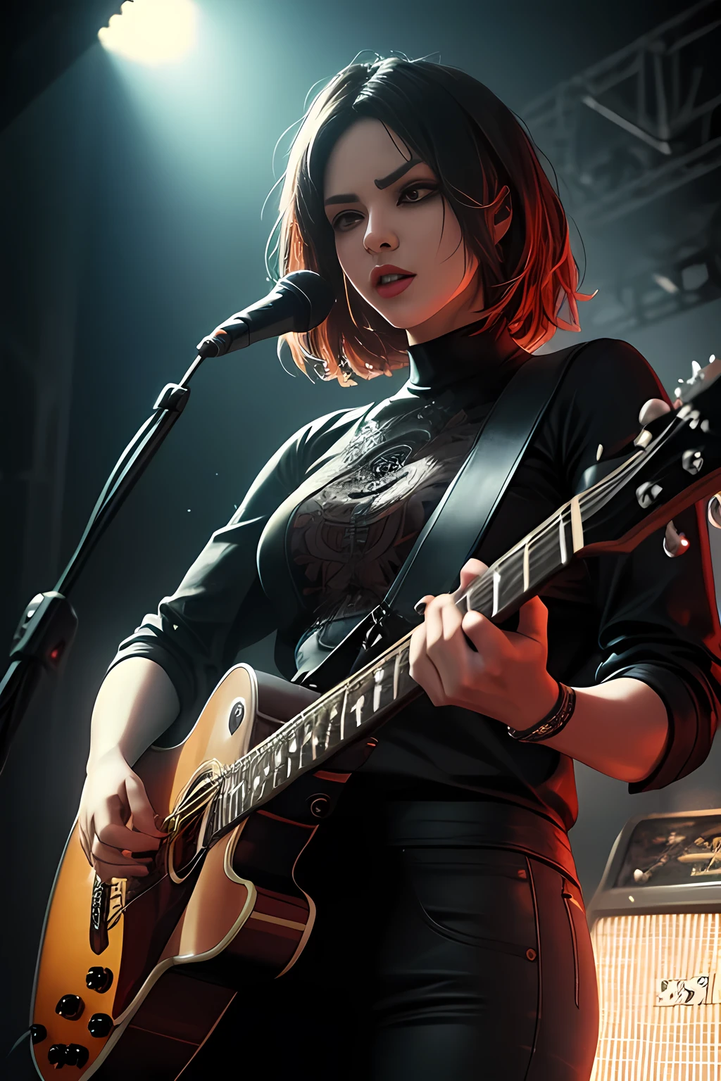 A guitarist performing on stage, detailed face, beautiful eyes, detailed fingers playing guitar, intricate guitar details, dramatic lighting, cinematic composition, moody colors, epic scale, photorealistic, masterpiece, hyperdetailed, 8k