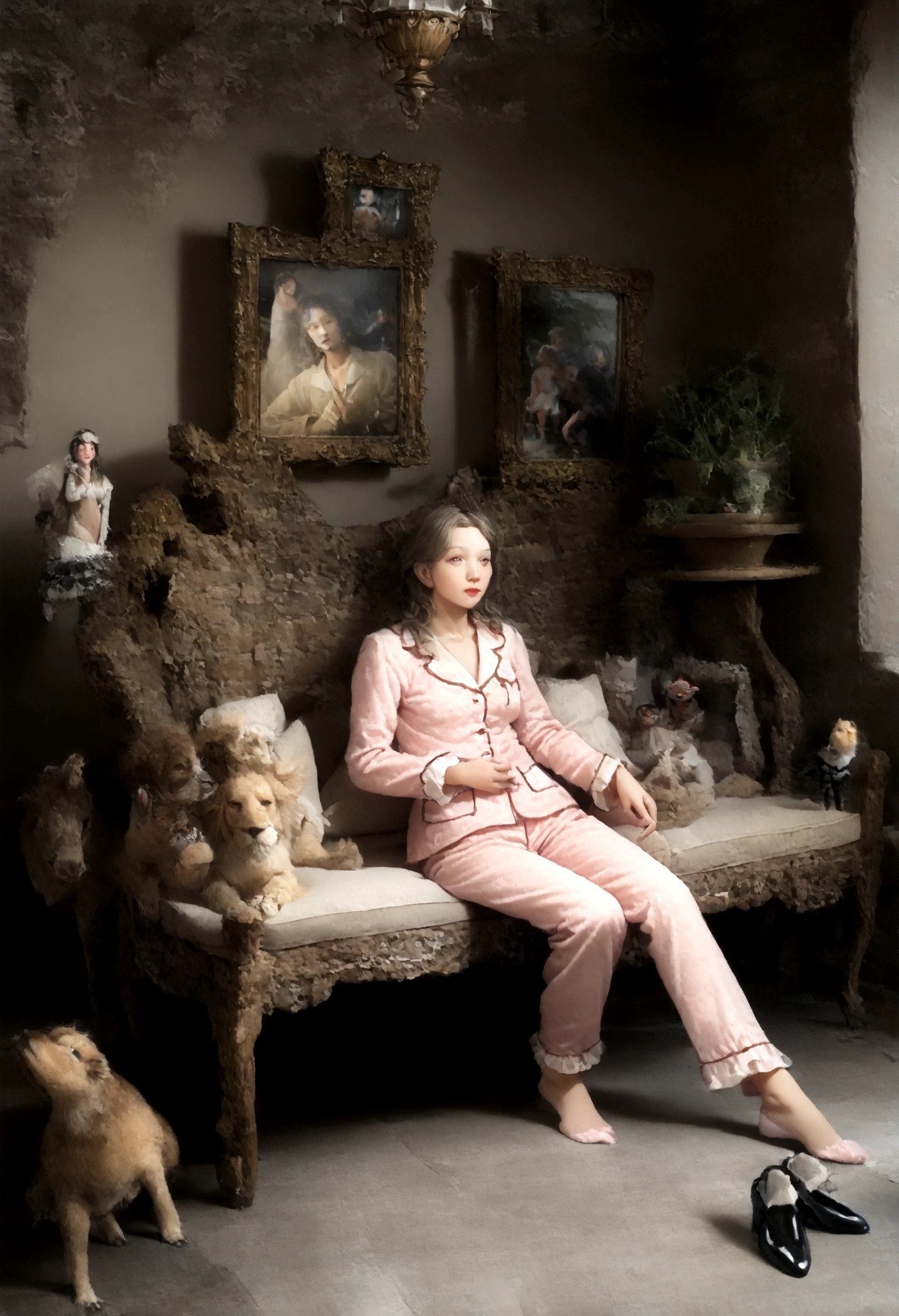Best quality, centerpiece, ultra haute résolution, 8k, ..brut, (Realistic photo:1.4), Rendu physique, Profondeur de champ, En regardant les spectateurs, jusqu'has, (assise:1.1), No fourth, Beautiful detailed face, 1 , solution, jeune, Rougeur du nez, De grands yeux vert , bouche ouverte, petits seins, cheveux noirs, detailed clothing, (pyjamas:1.3), pas de chaussures ,pureerosface_v1, manger , on the living room sofa in a villa